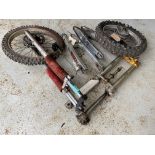 Motocross parts including one set of forks and wheel, one rear wheel, fork stanchions and top and