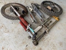 Motocross parts including one set of forks and wheel, one rear wheel, fork stanchions and top and