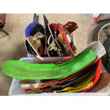 Two boxes of used Motocross items including front and rear mudguards and body panels.