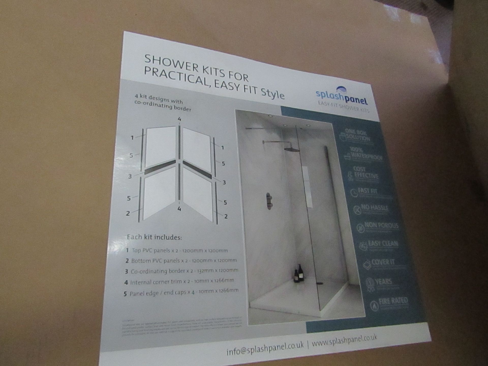 1x Splash Panel 2 sided shower wall kit in SANDSTONE, new and boxed, the kit contains 2 1200x1200