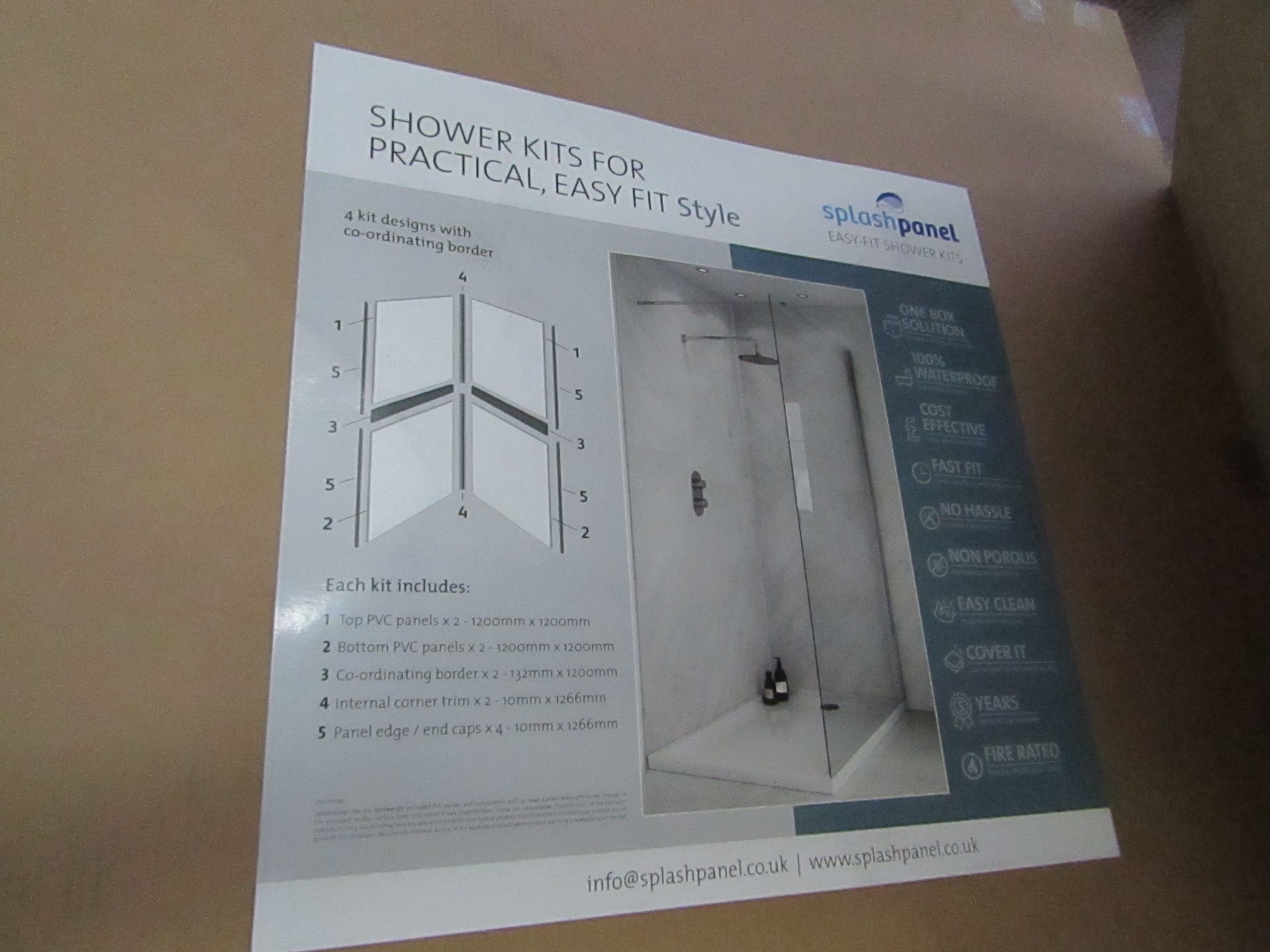 1x Splash Panel 2 sided shower wall kit in SANDSTONE, new and boxed, the kit contains 2 1200x1200