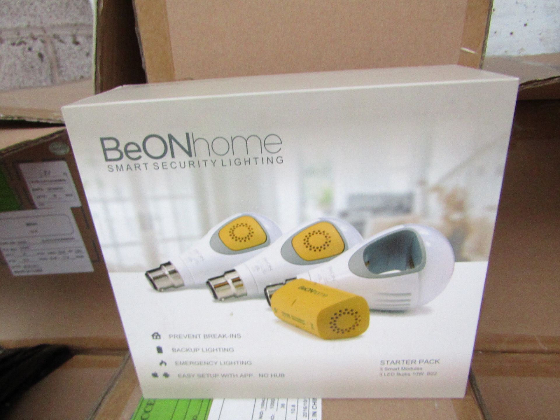 BeOn Home intelligent bulb starter pack, new and boxed. Features: 3 Smart modules, 3 LED bukbs 10w