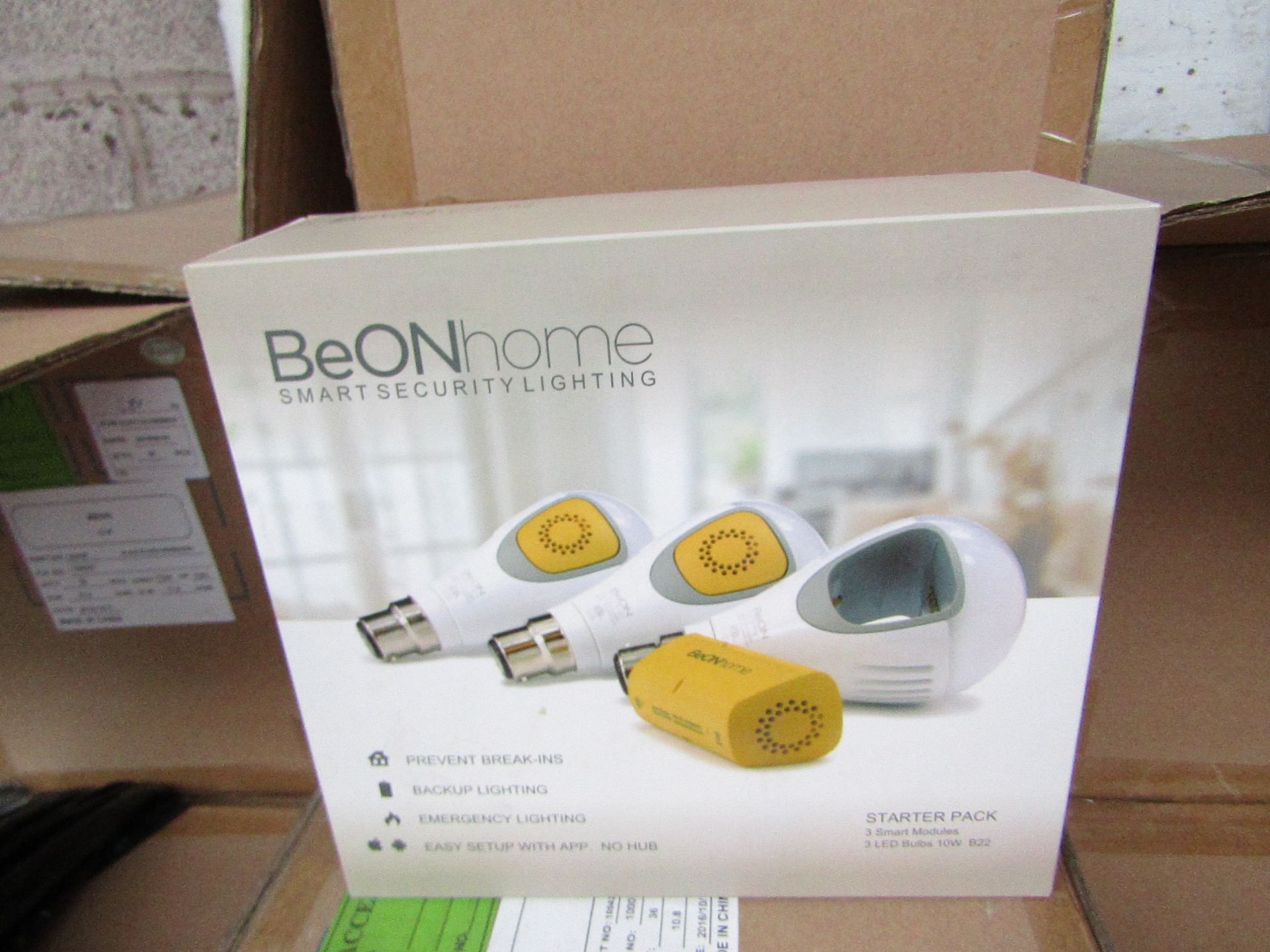 BeOn Home intelligent bulb starter pack, new and boxed. Features: 3 Smart modules, 3 LED bukbs 10w