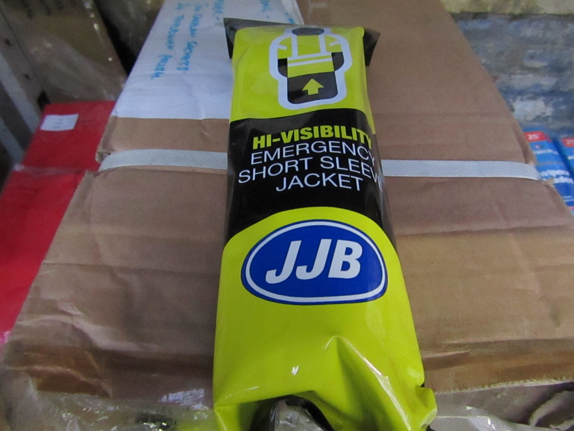 2x JJB - Hi-Vis Yellow Short Sleeve Emergency Jacket (Adult) - New & Packaged.