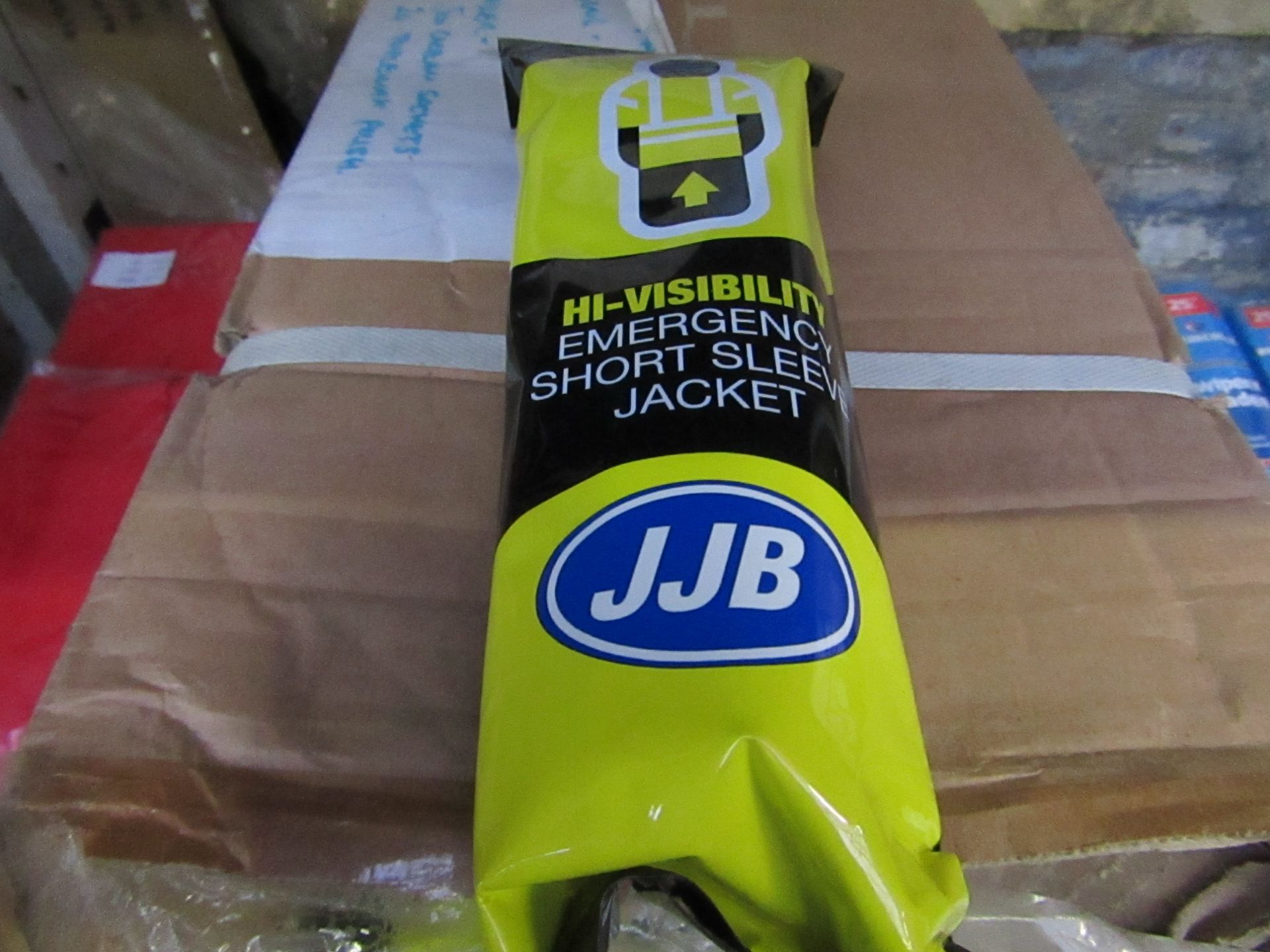 2x JJB - Hi-Vis Yellow Short Sleeve Emergency Jacket (Adult) - New & Packaged.