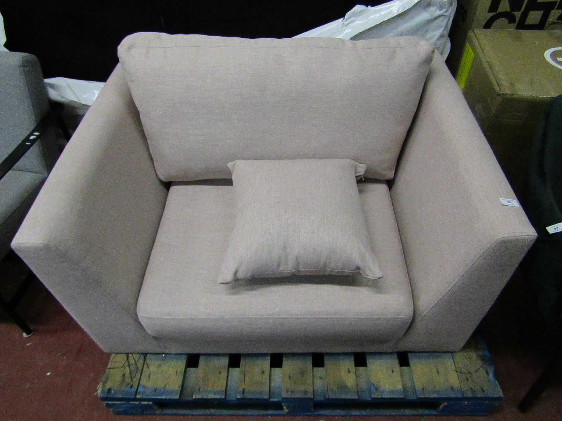 | 1X | SWOON PINK LOVE SEAT | HAS MINOR MARKS AND THE BOTTOM FABRIC IS TORN AND MISSING IN PLACES,