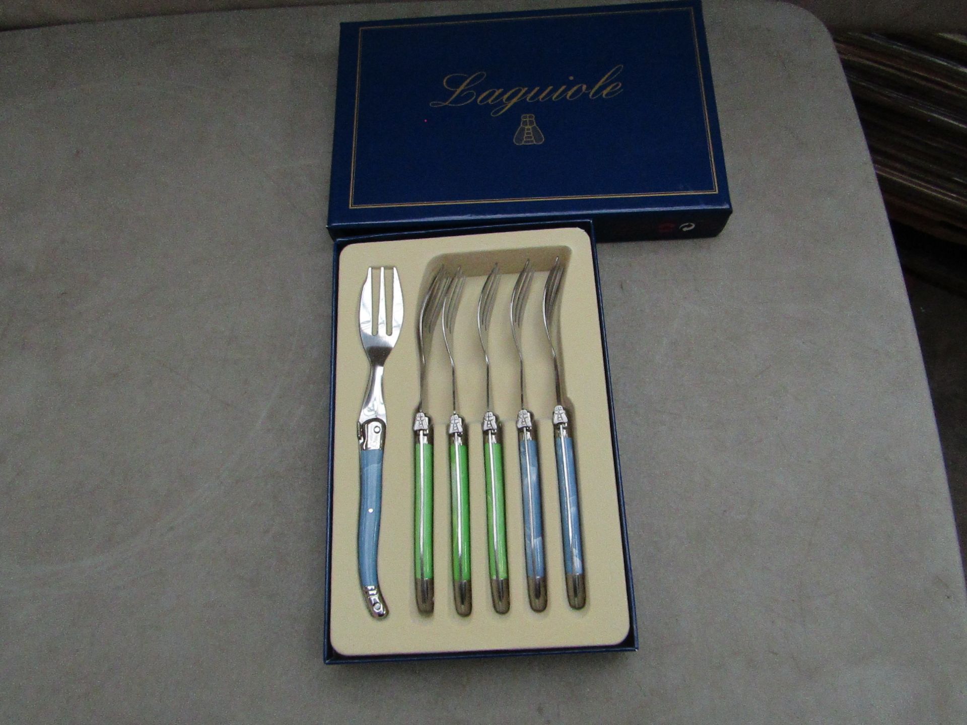 5x Laguiole - Cake Forks (5 Pieces Per Box) Blue & Green - Unused & Boxed.