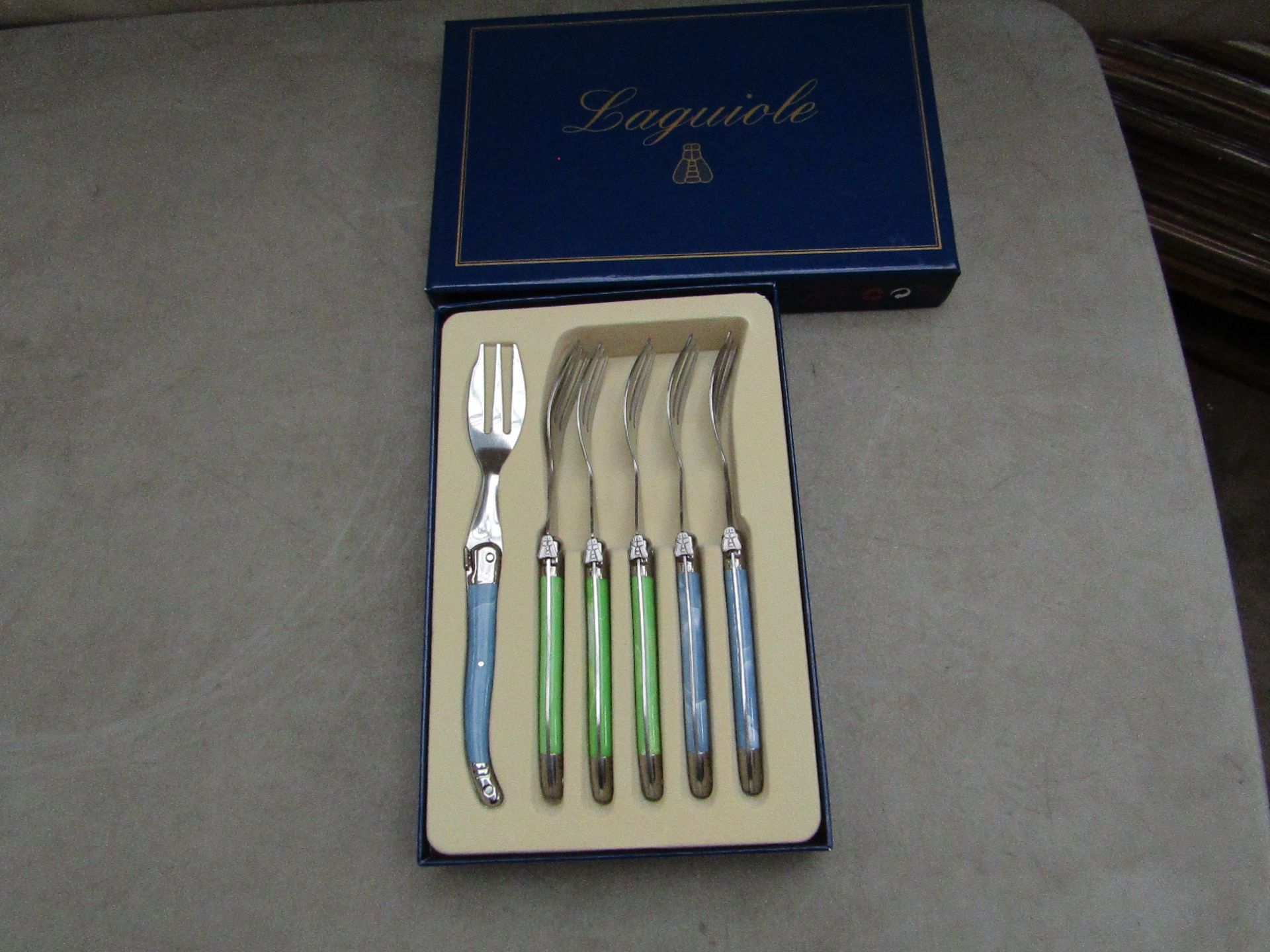 5x Laguiole - Cake Forks (5 Pieces Per Box) Blue & Green - Unused & Boxed.