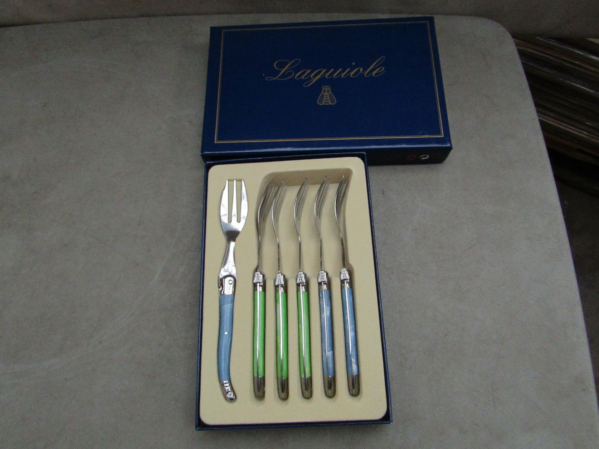 5x Laguiole - Cake Forks (5 Pieces Per Box) Blue & Green - Unused & Boxed.