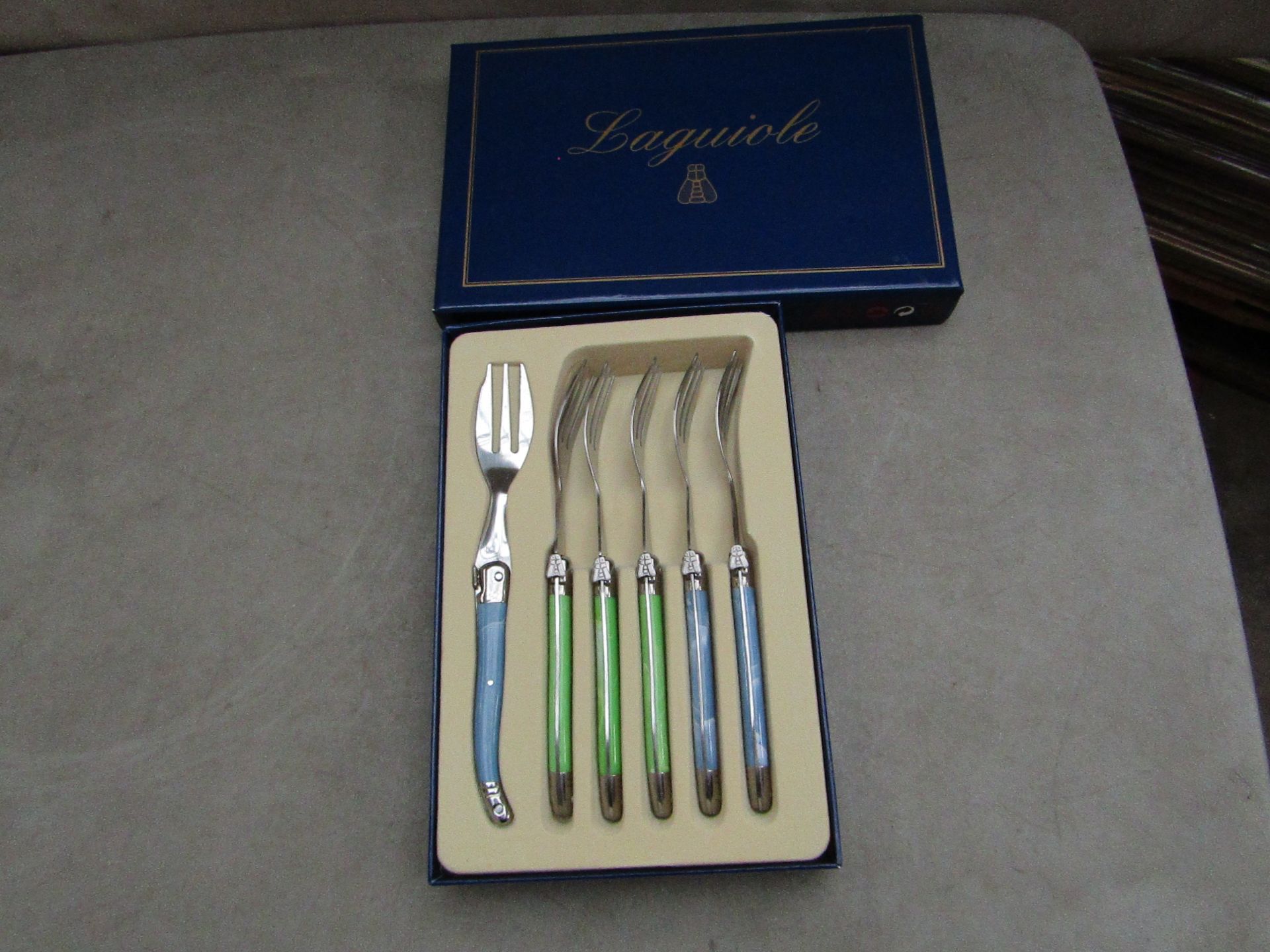 5x Laguiole - Cake Forks (5 Pieces Per Box) Blue & Green - Unused & Boxed.
