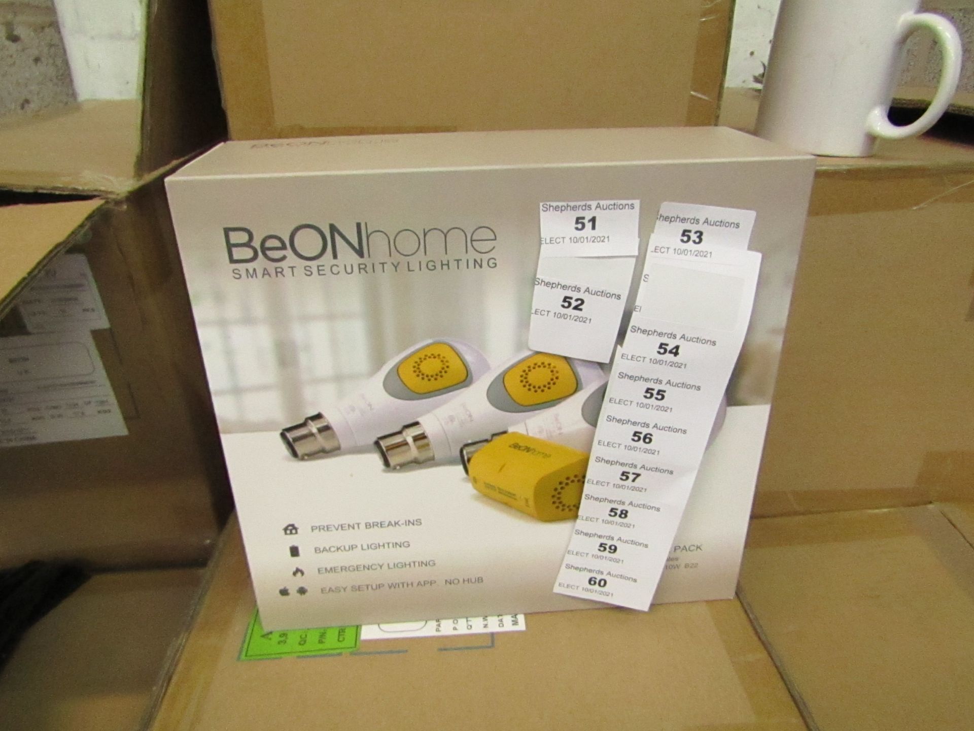 BeOn Home intelligent bulb starter pack, new and boxed. Features: 3 Smart modules, 3 LED bukbs 10w