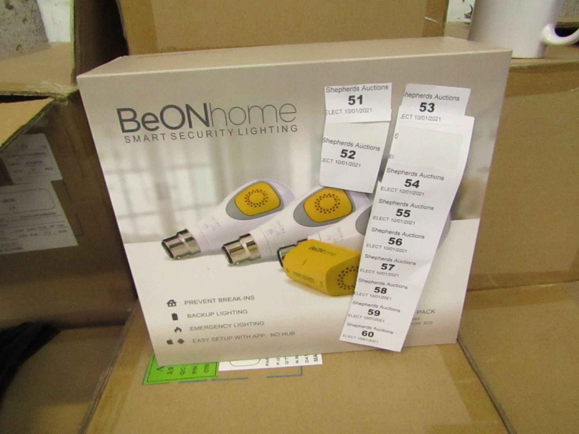 BeOn Home intelligent bulb starter pack, new and boxed. Features: 3 Smart modules, 3 LED bukbs 10w
