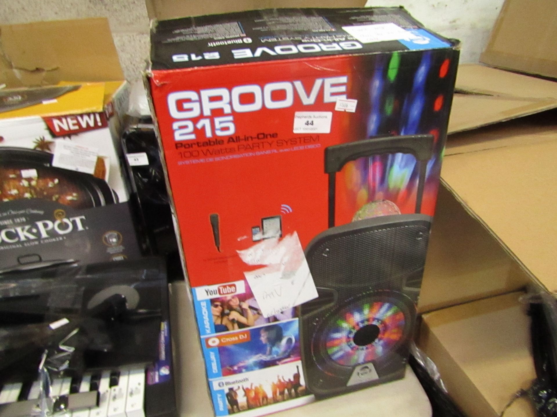 Groove 215 portable all in one speaker, unchecked and boxed due to no power cable.