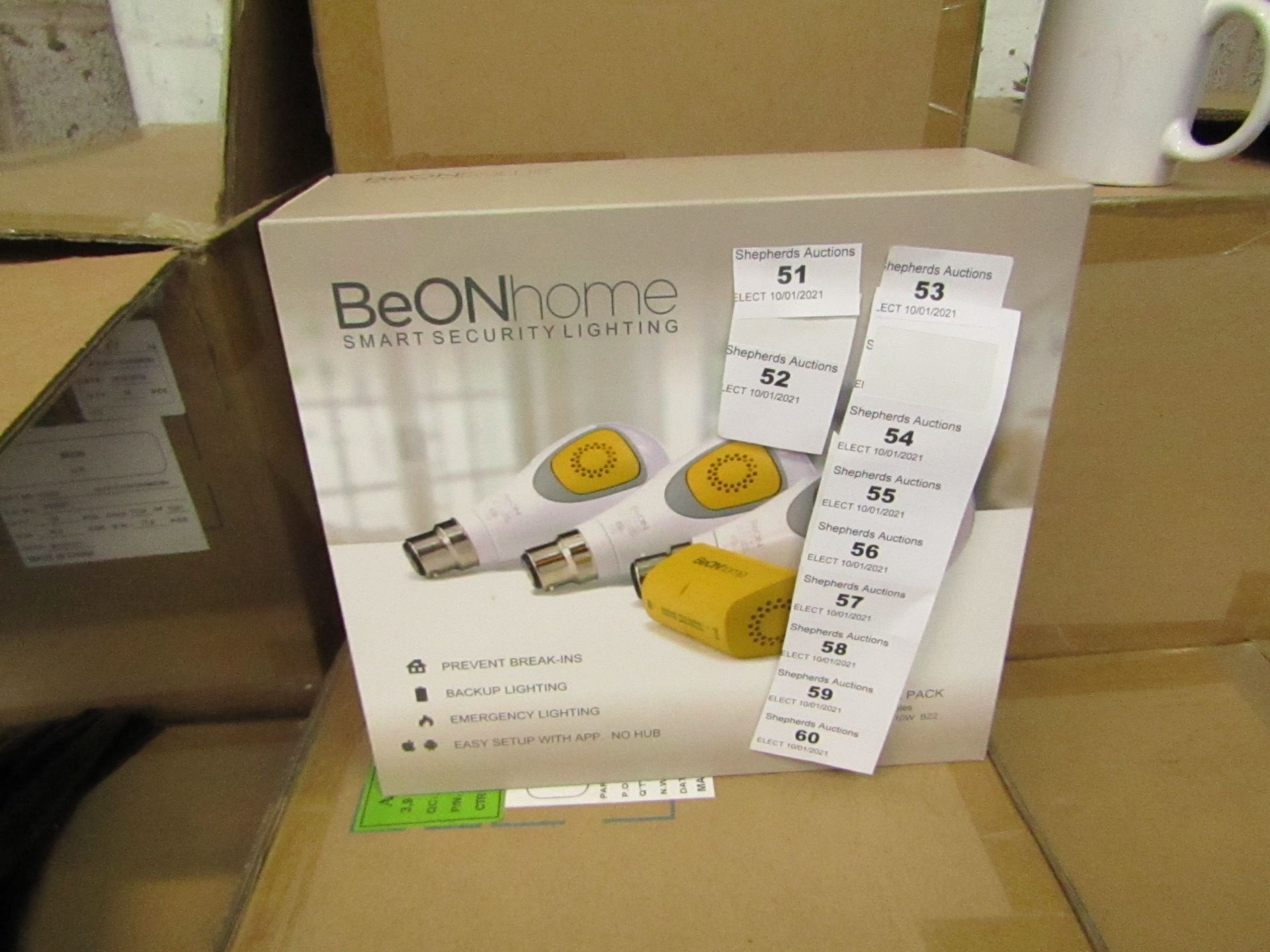 BeOn Home intelligent bulb starter pack, new and boxed. Features: 3 Smart modules, 3 LED bukbs 10w