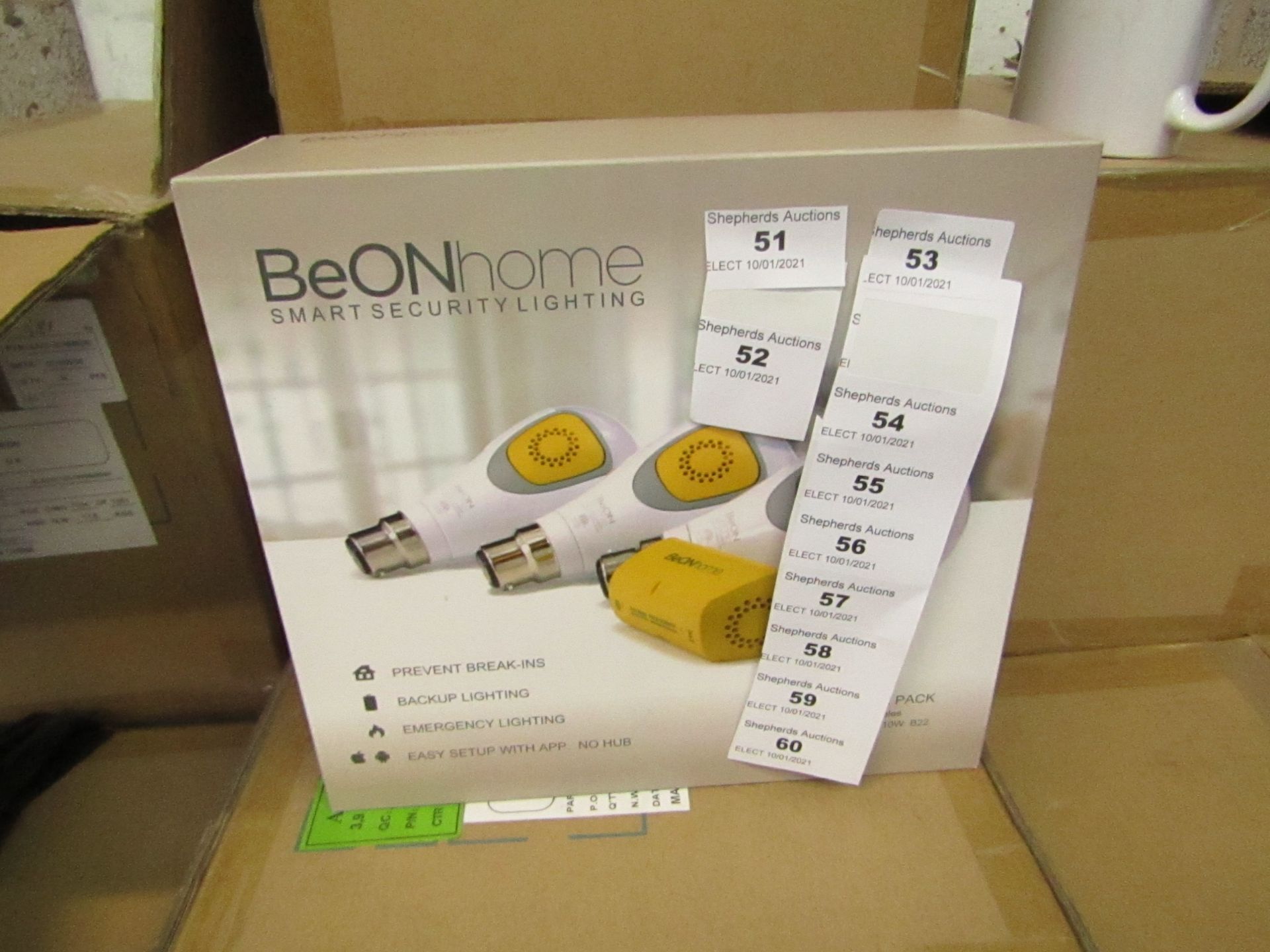 BeOn Home intelligent bulb starter pack, new and boxed. Features: 3 Smart modules, 3 LED bukbs 10w