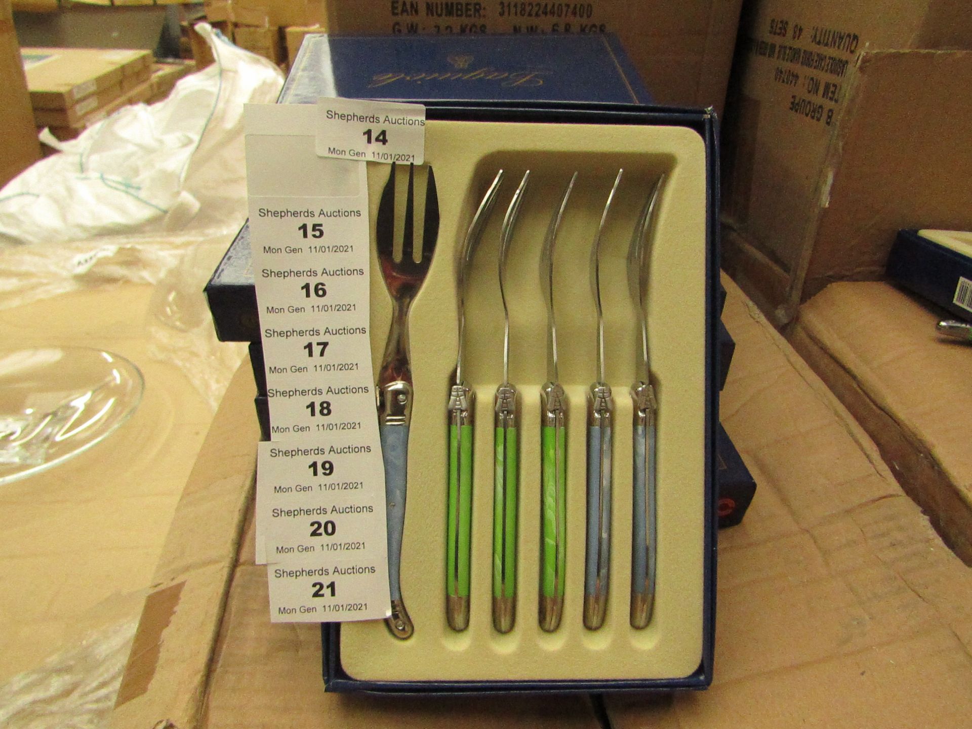 5x Laguiole - Cake Forks (5 Pieces Per Box) Blue & Green - Unused & Boxed.