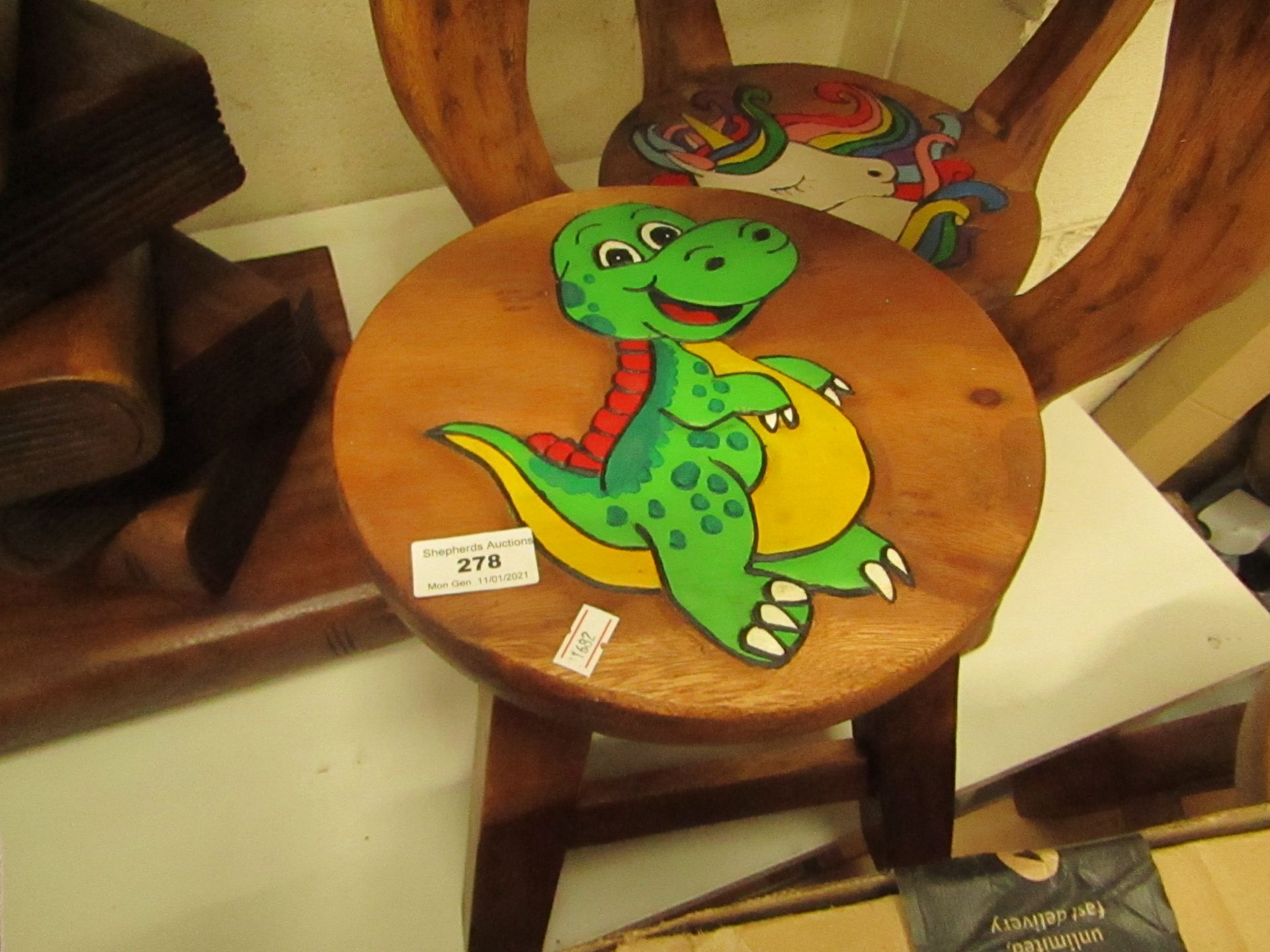 Laeto - Small Wooden Dinosaur Hand Painted Stool - Good Condition.