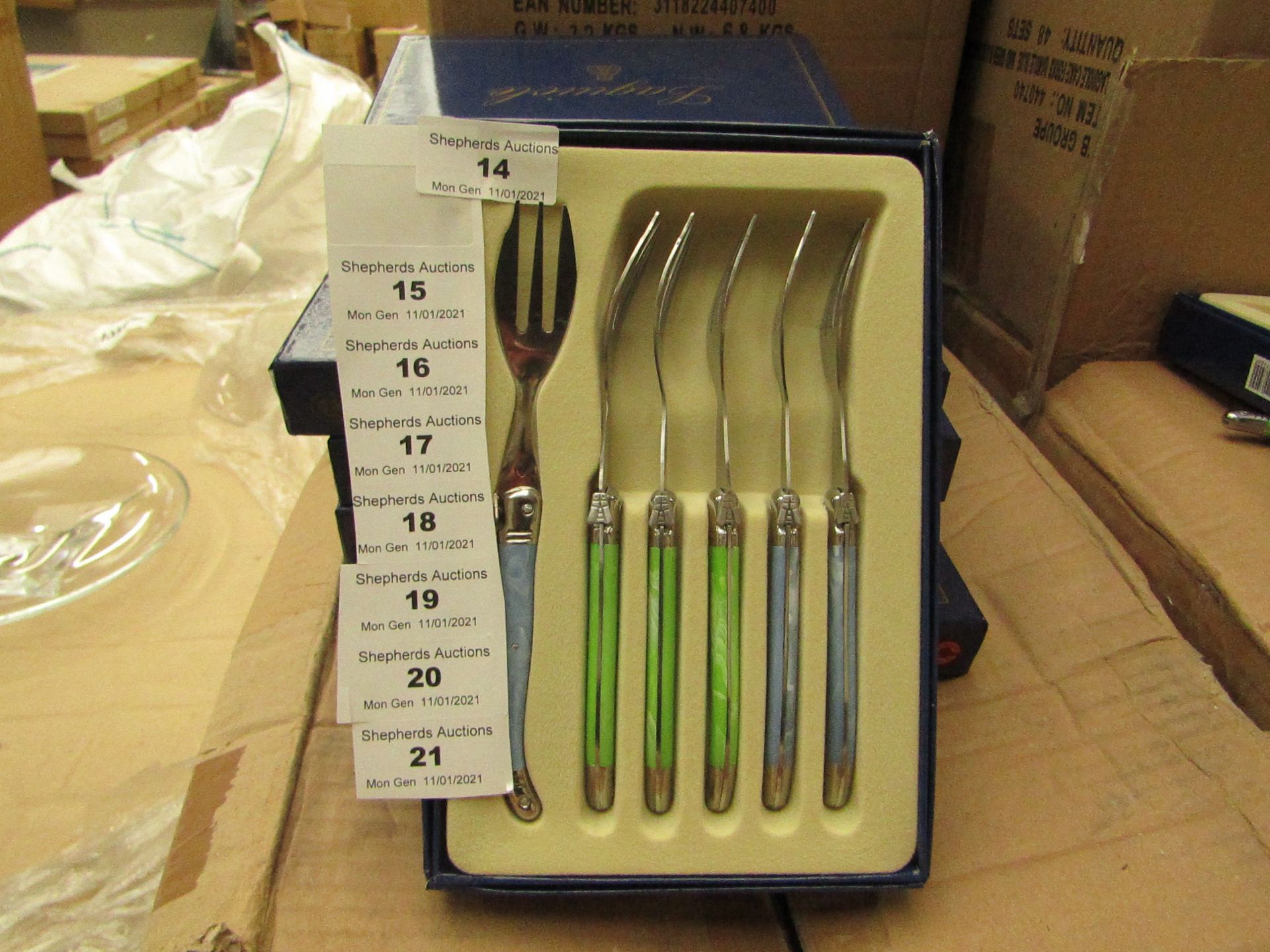 5x Laguiole - Cake Forks (5 Pieces Per Box) Blue & Green - Unused & Boxed.