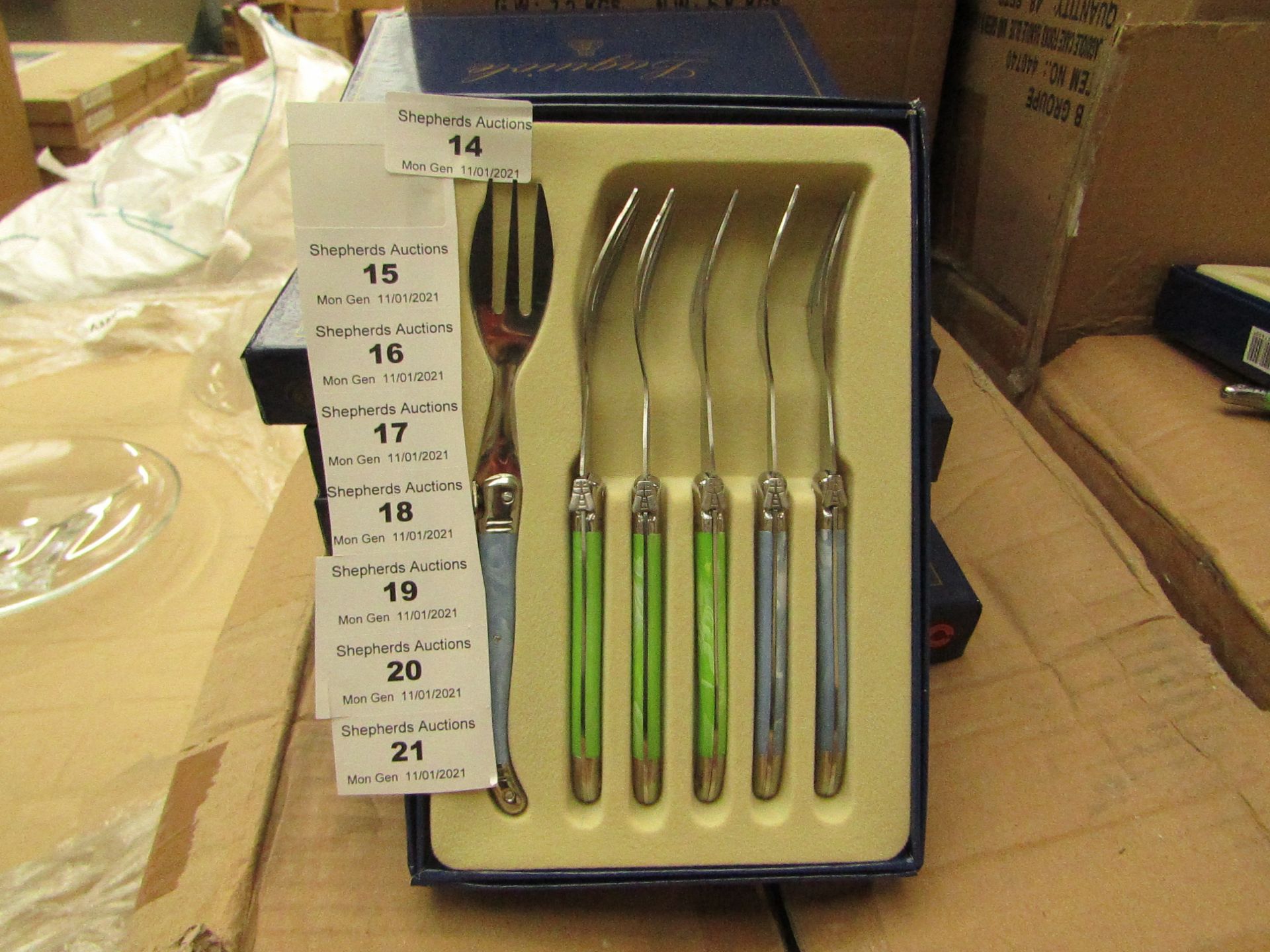 5x Laguiole - Cake Forks (5 Pieces Per Box) Blue & Green - Unused & Boxed.