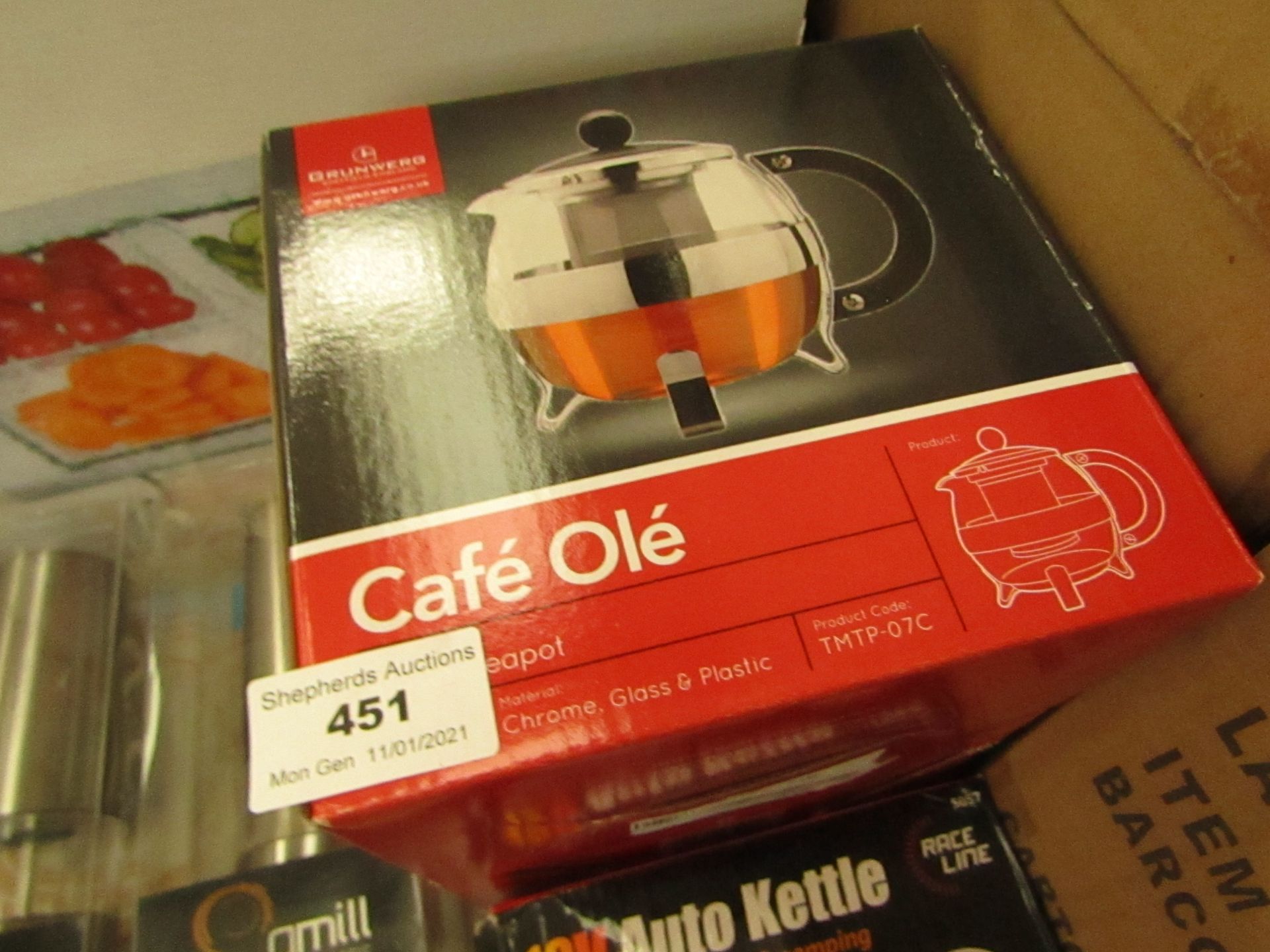 1 x Cafe Ole Glass & Chrome Tea Pot new boxed