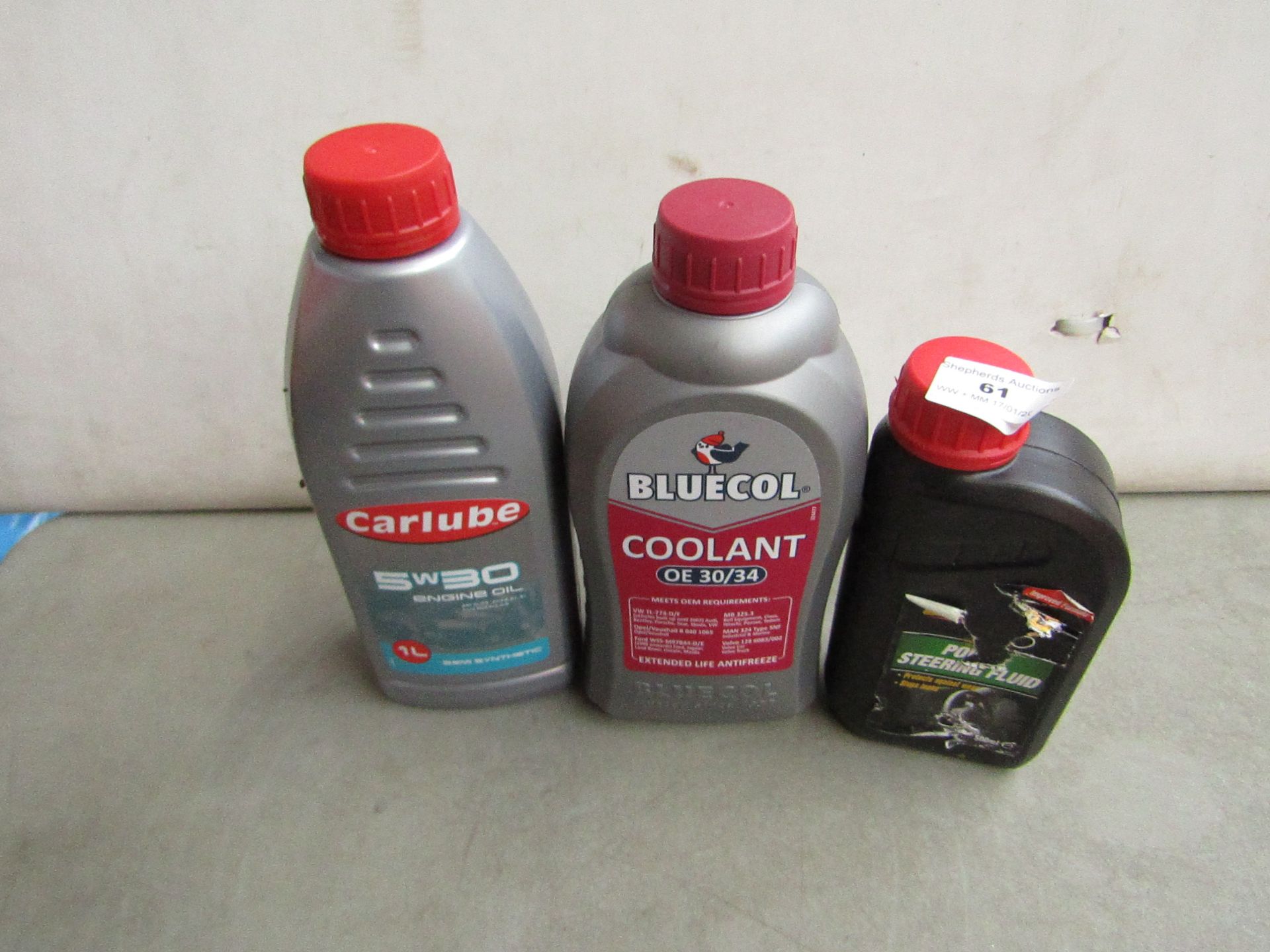 1x Bluecol - Coolant OE 30/34 - 1 Litre - Unused. 1x Carlube - 5W/30 Engine Oil - 1 Litre -