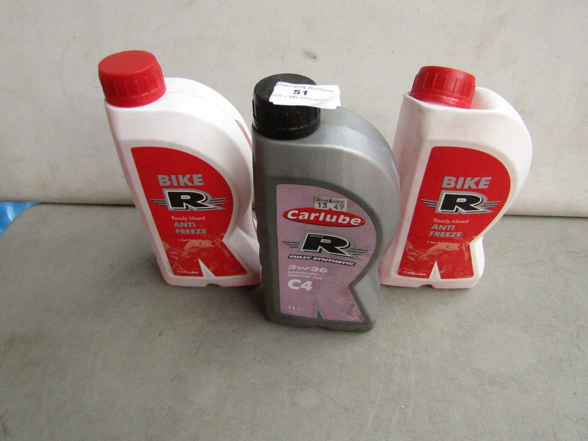 2x Carlube - Bike Ready Mixed Anti-Freeze (1 Litre) - Unused. 1x Carlube - C4 Fully Synthetic 5W/