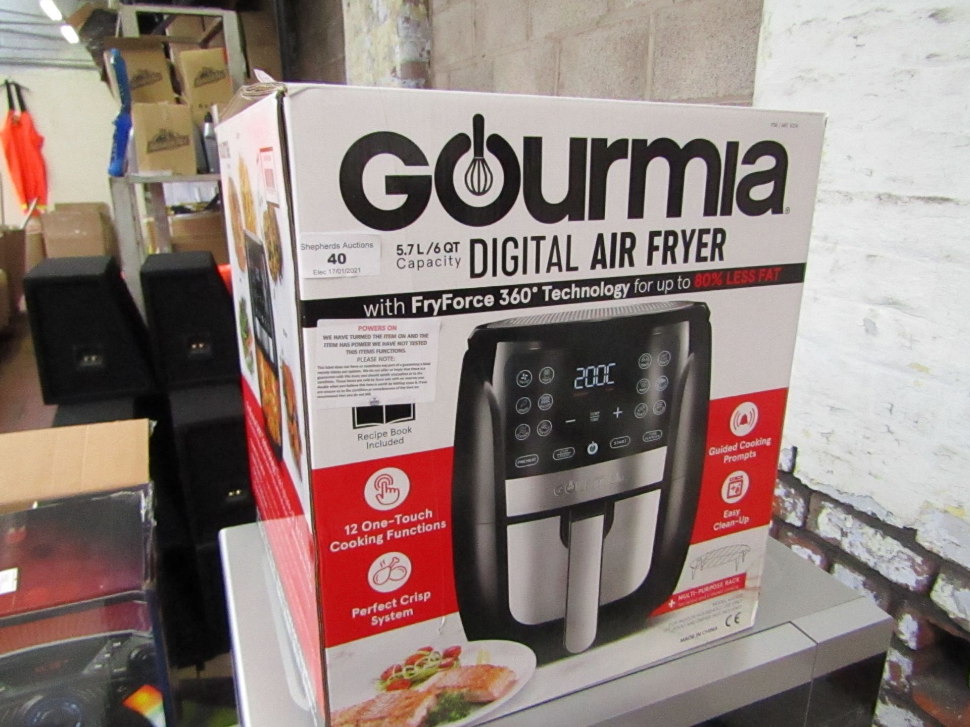 Gourmia 5.7L digital air fryer, tested working for heat but not all functions tested and boxed.