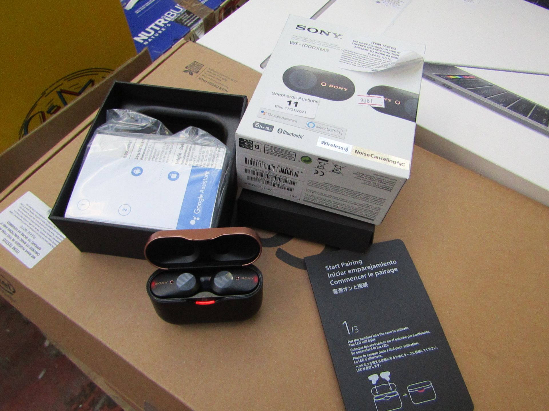 Sony Wf-1000XM3 wireless noise cancelling earbuds, tested working but charg untested and boxed.