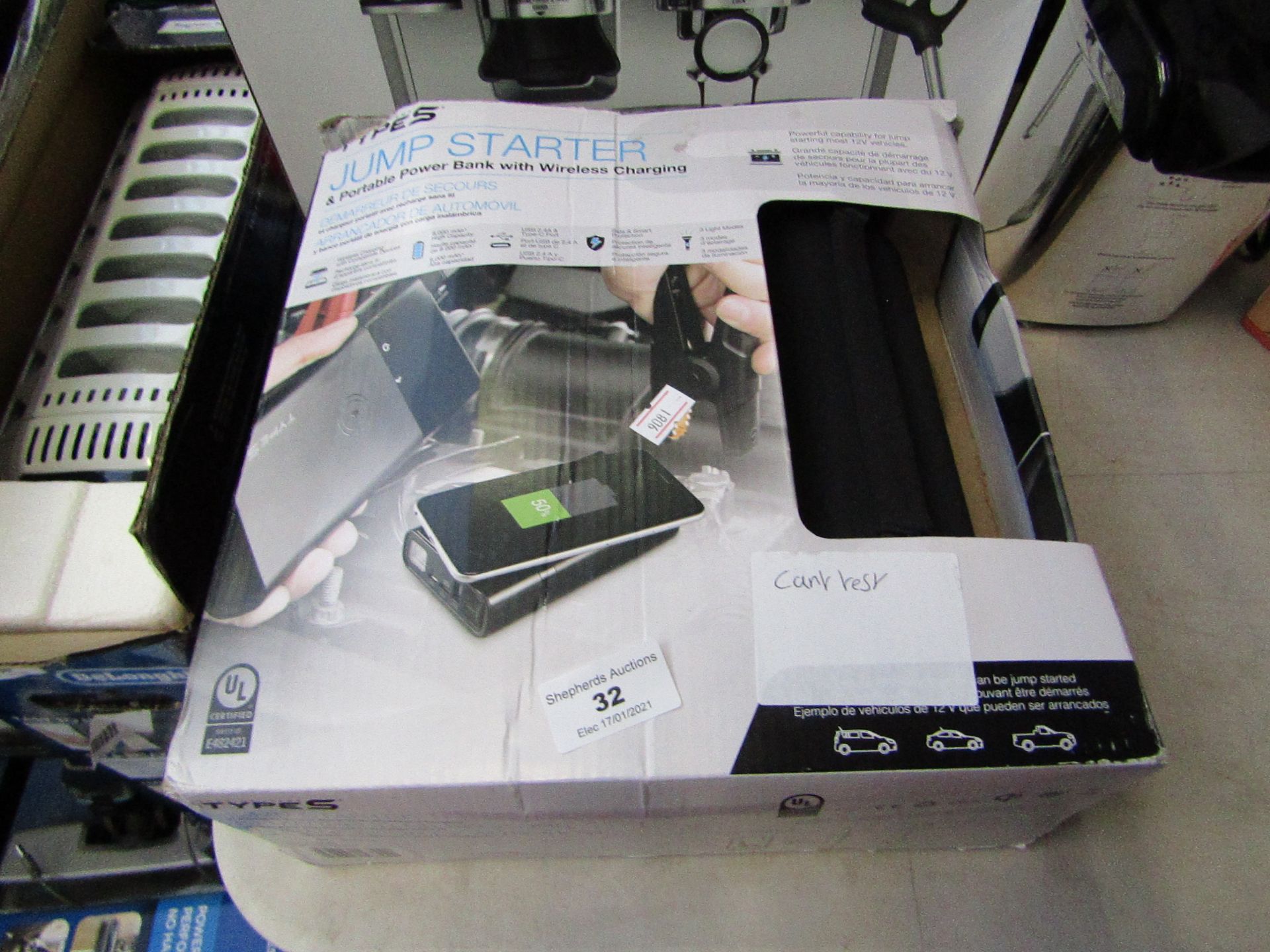 Type S jump starter and portable power bank with wireless charging. Unchecked and boxed.