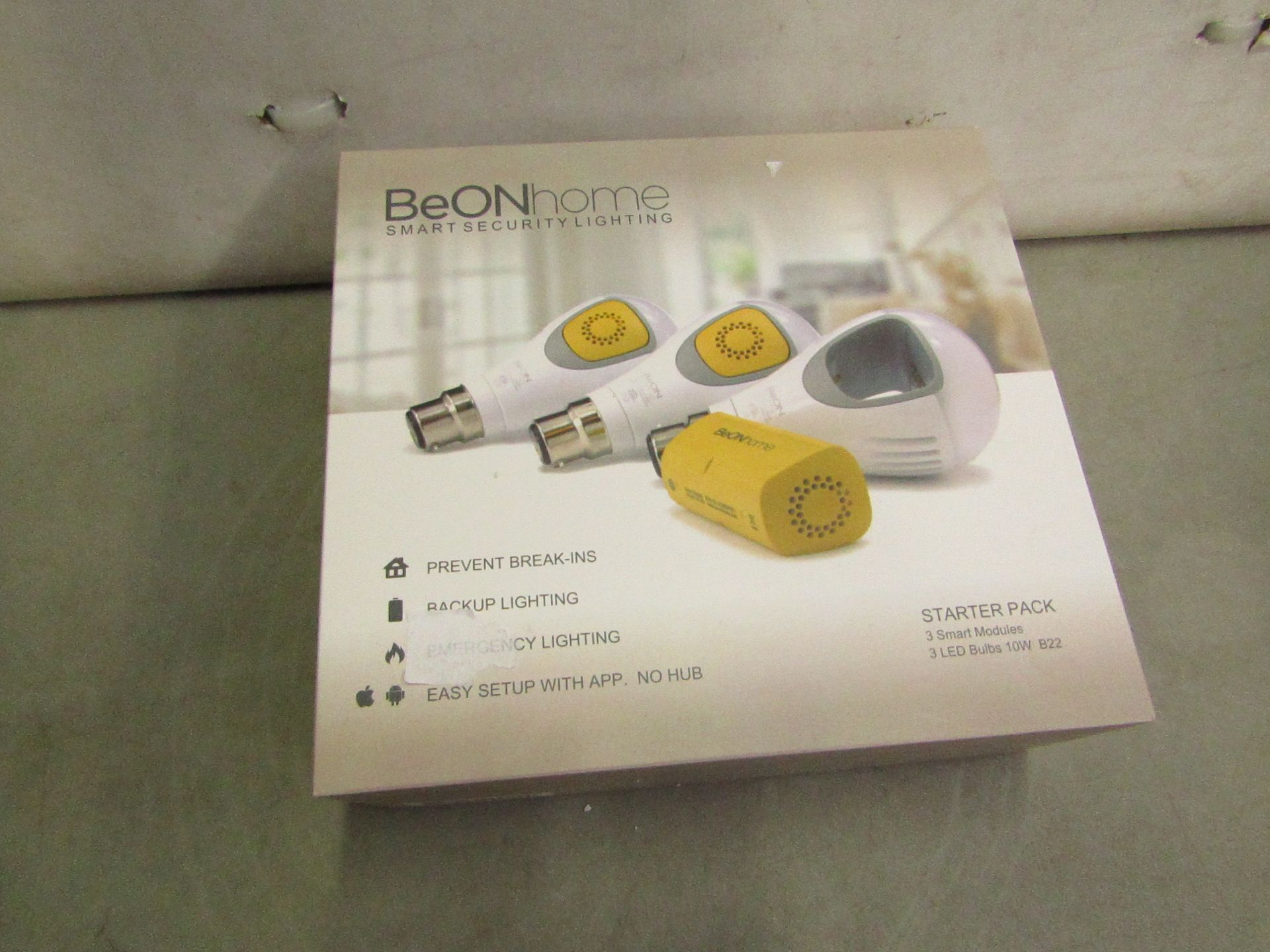 Be on home smart security lighting starter pack, 3 smart modules & 3 LED bulbs 10W b22, New & Boxed