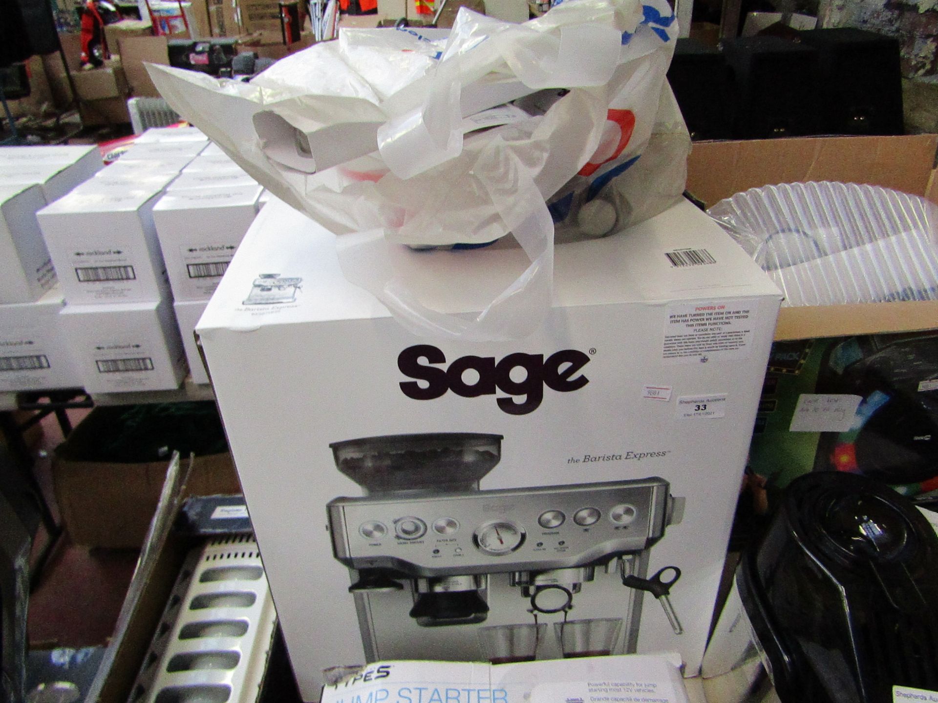 Sage the Barista Express coffee machine, powers on but not all functions tested and boxed. RRP £