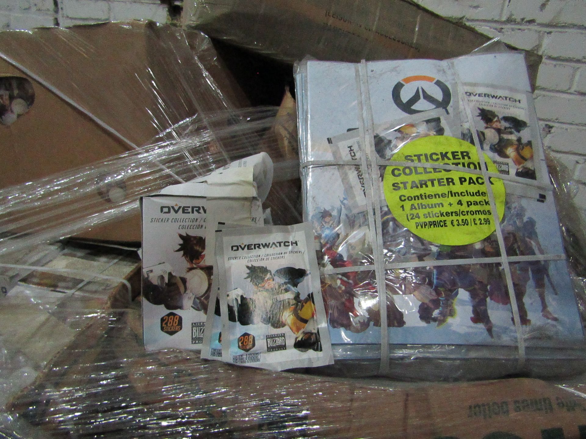 2x Pallets containing over 1000 boxes of Overwatch collectable stickers and over 1000 Overwatch