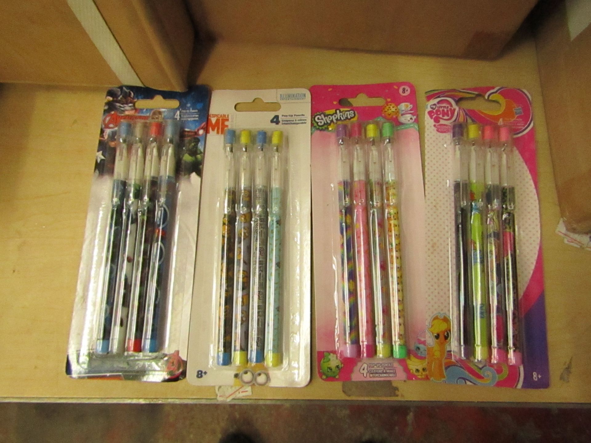 4 x packs of Pop Up Pencils being 1 x Avengers 1 x My Little Pony 1 x Shopkins 1 x Despicable Me new