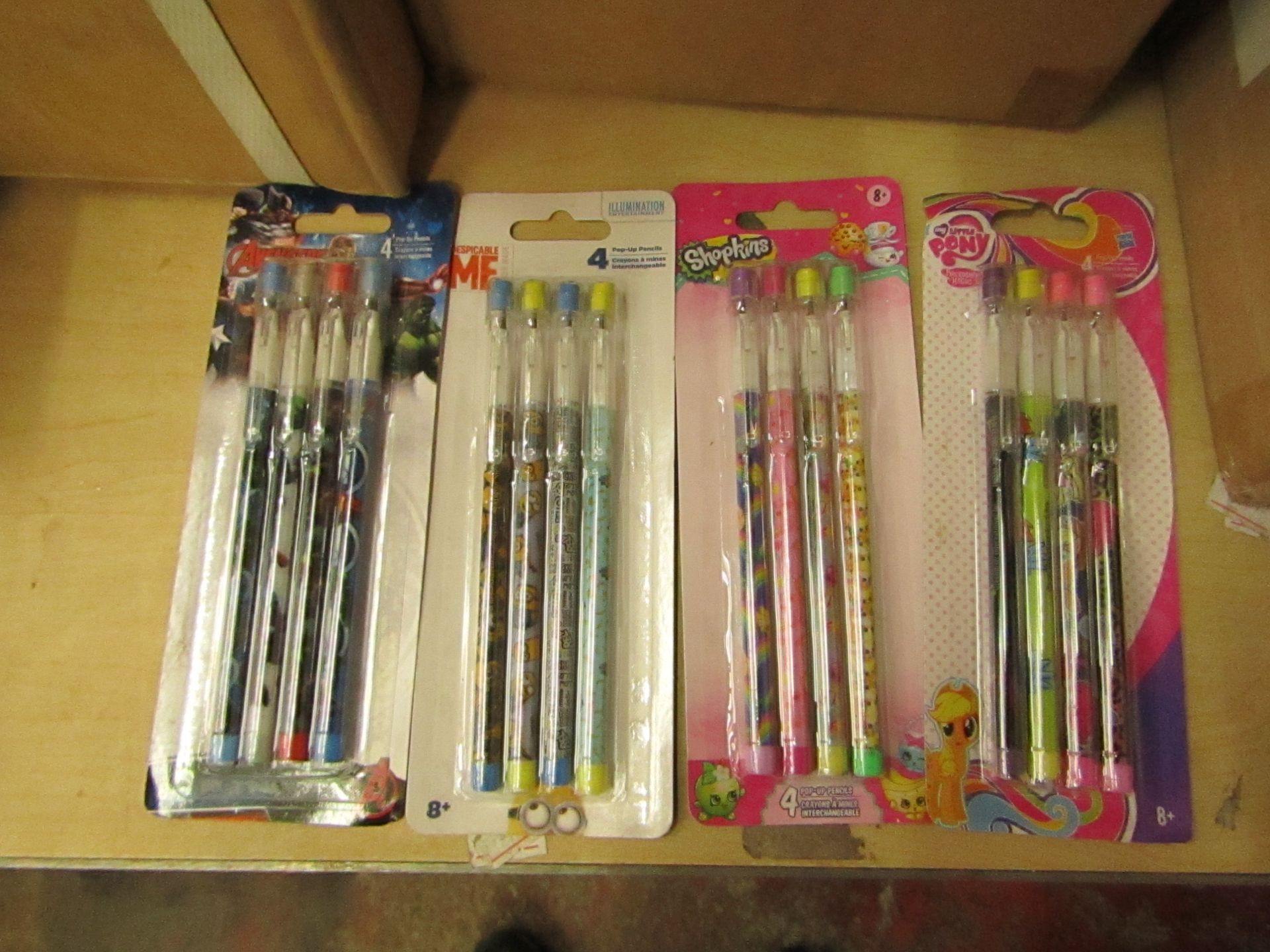 4 x packs of Pop Up Pencils being 1 x Avengers 1 x My Little Pony 1 x Shopkins 1 x Despicable Me new