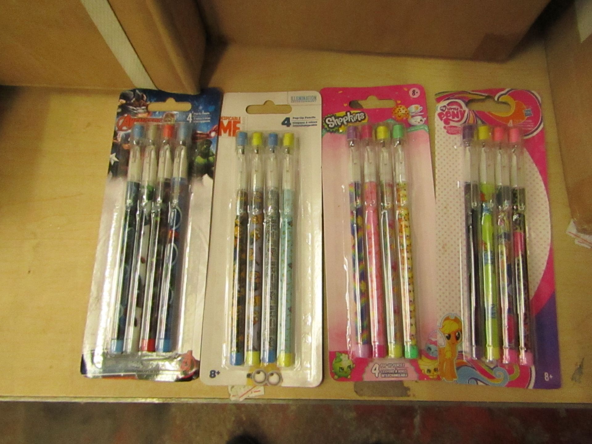 4 x packs of Pop Up Pencils being 1 x Avengers 1 x My Little Pony 1 x Shopkins 1 x Despicable Me new