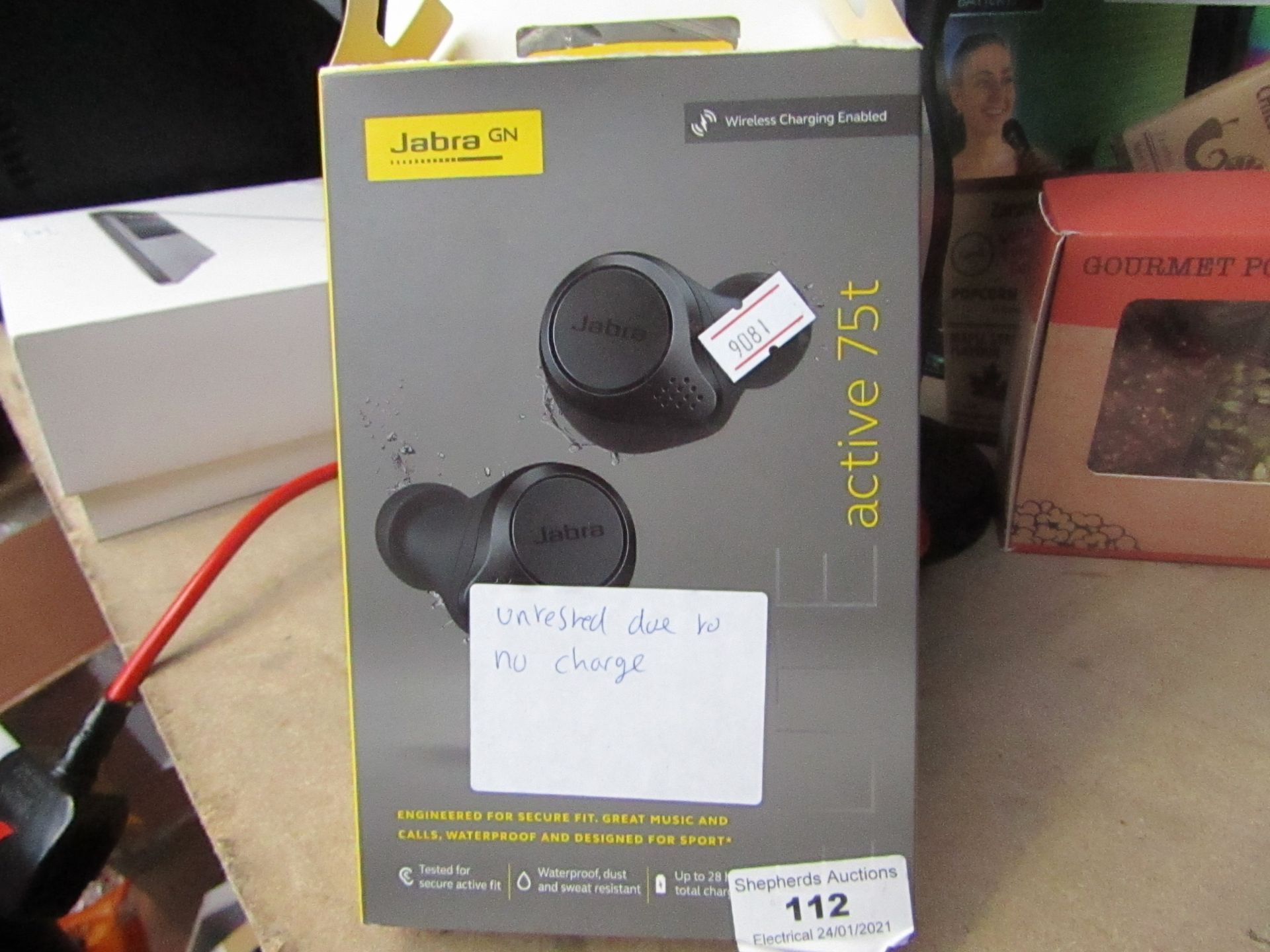 Jabra wireless earbuds, untested due to no charger.