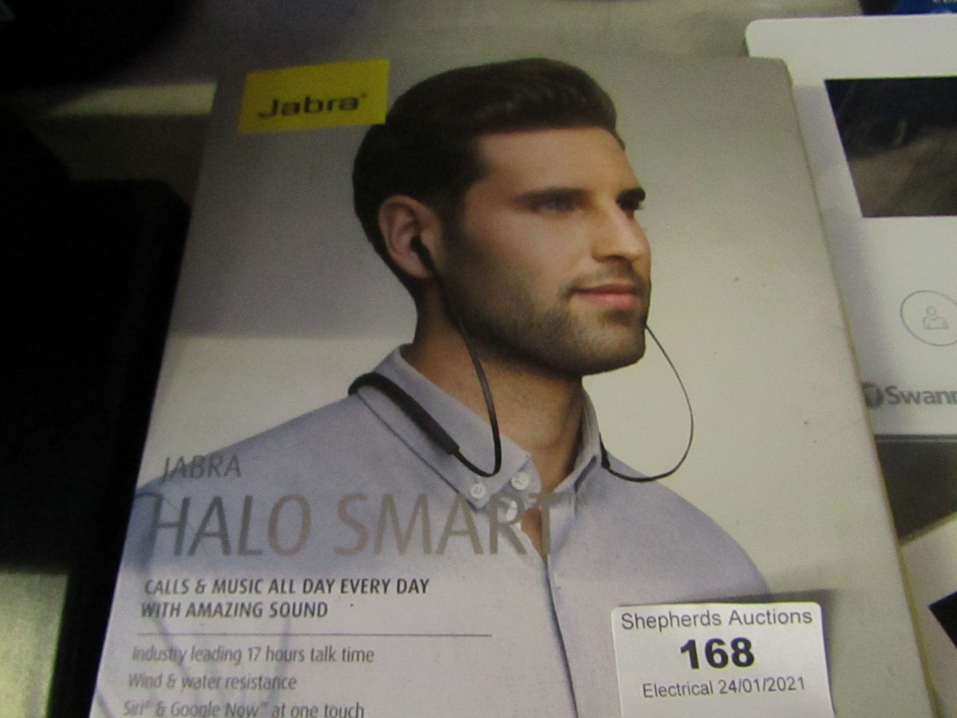 Jabra Halo Smart earbuds, unchecked and boxed.