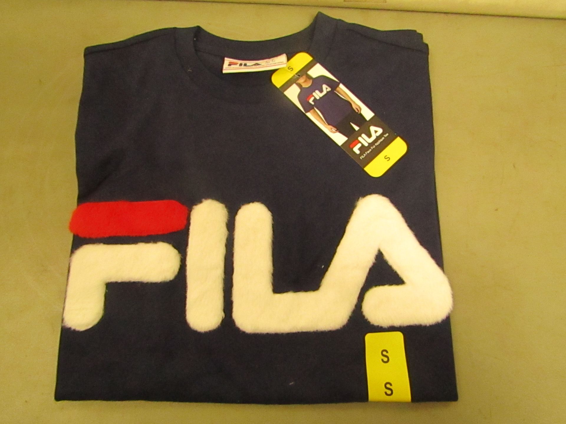 Fila T/Shirt With Faux Fur Design on The Front Navy Ladies Size S New With Tags