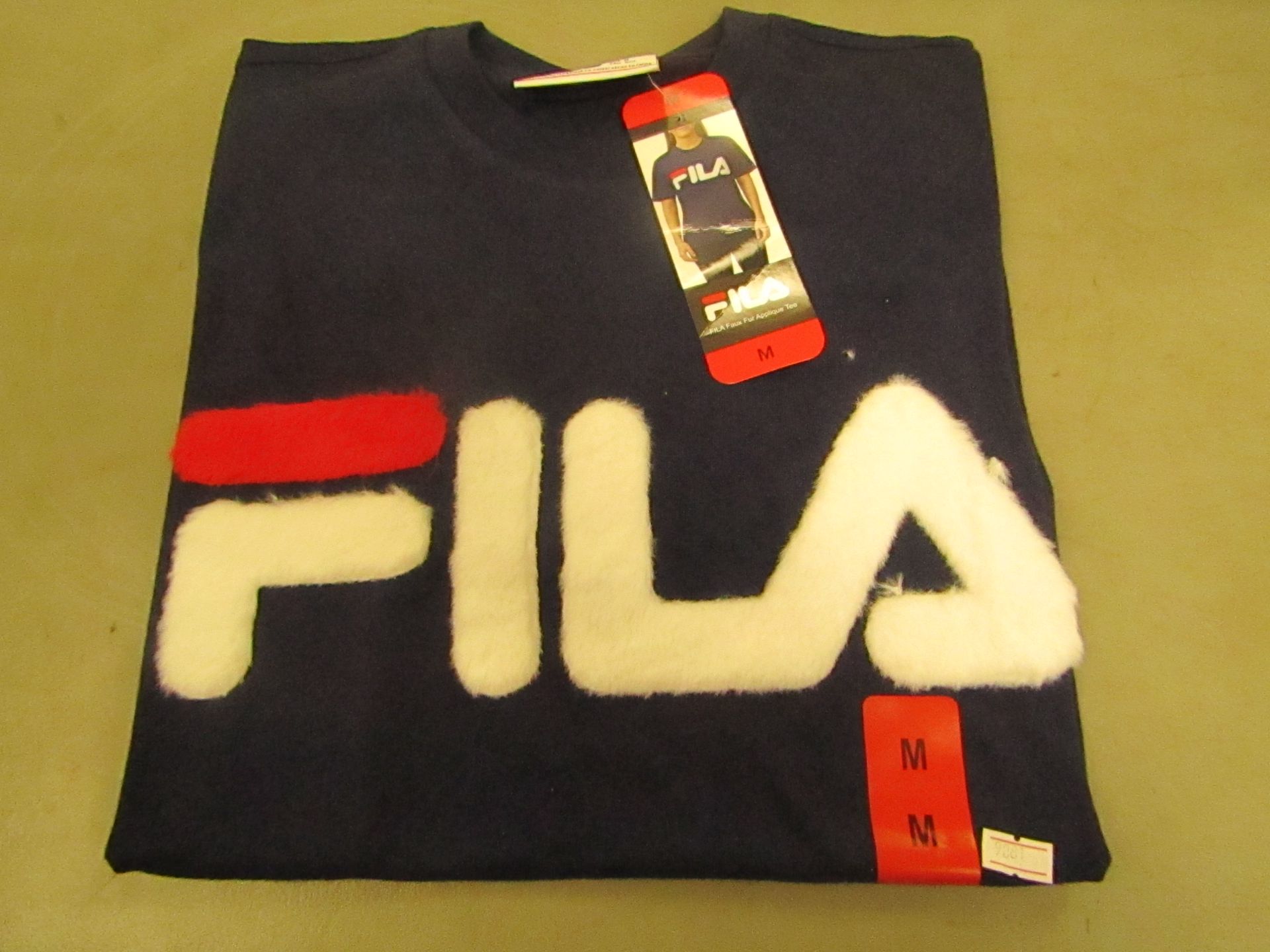 Fila T/Shirt With Faux Fur Design on The Front Navy Ladies Size M New With Tags