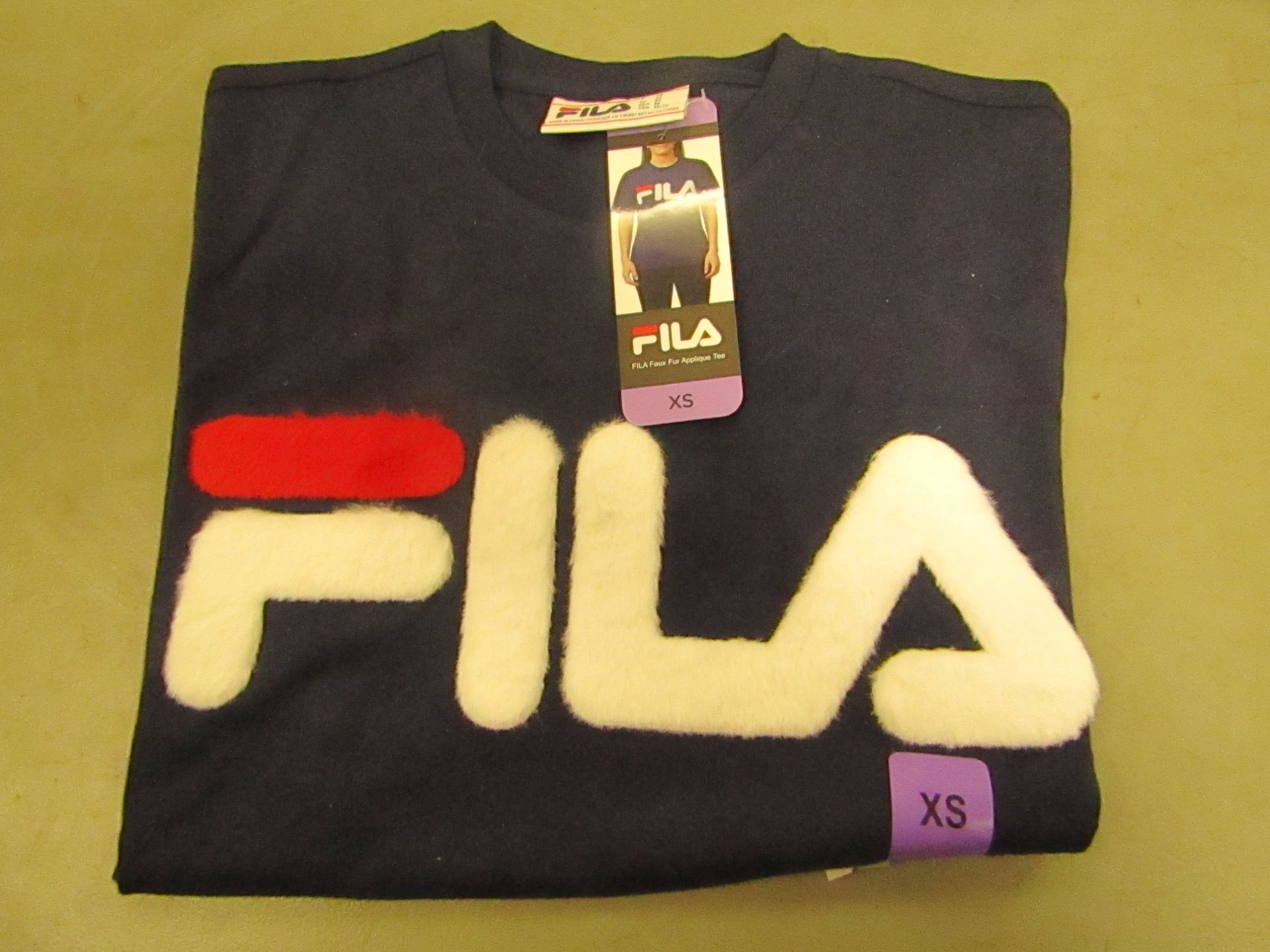 Fila T/Shirt With Faux Fur Design on The Front Navy Ladies Size X/S New With Tags