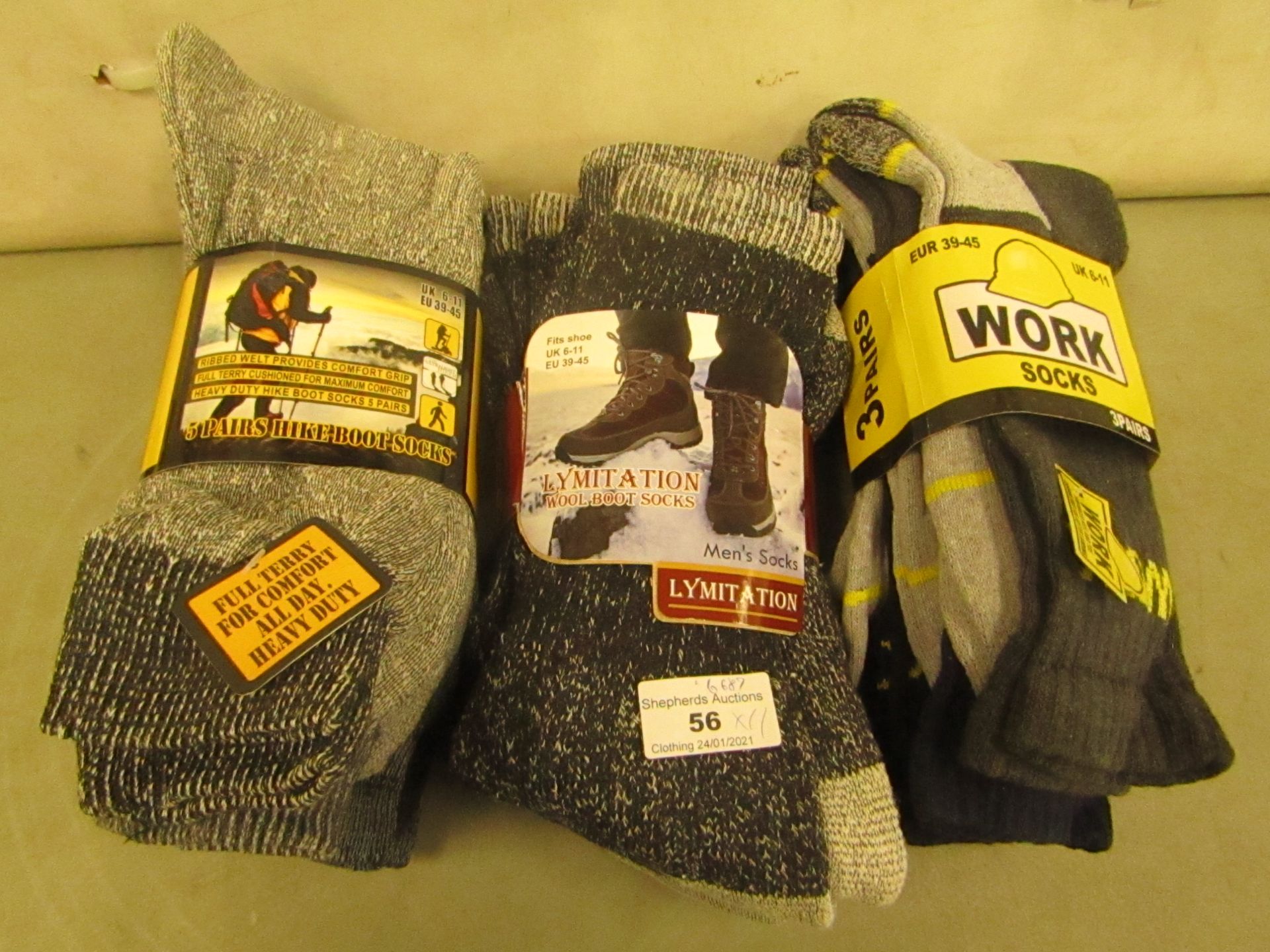 11 X Pairs of Mens Socks All Size 6-11, Hike Boot Sock Wool Boot Socks & Work Socks All New