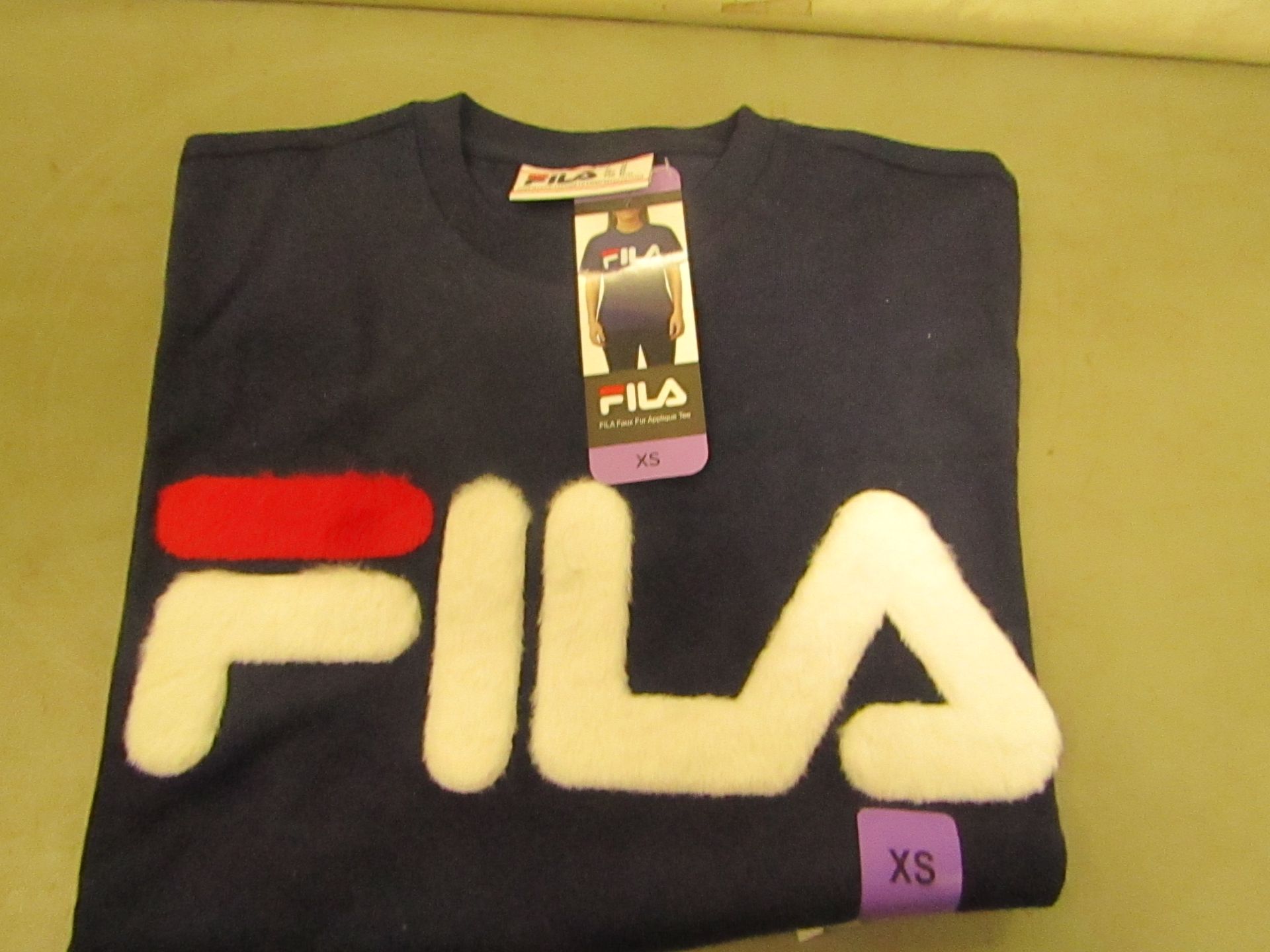 Fila T/Shirt With Faux Fur Design on The Front Ladies Navy Size X/S New With Tags