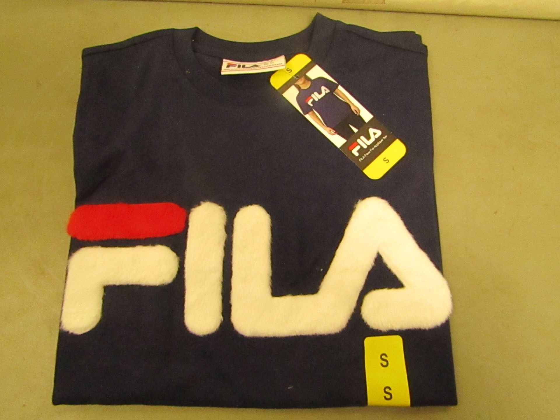 Fila T/Shirt With Faux Fur Design on The Front Navy Ladies Size S New With Tags