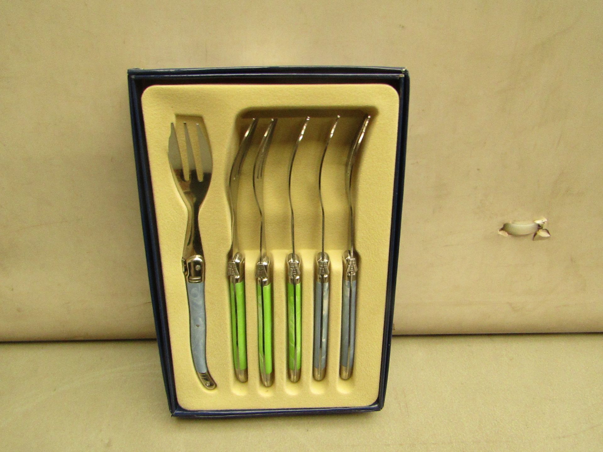 5x Laguiole - Cake Forks (6 Forks Per Box) Blue & Green - Unused & Boxed.