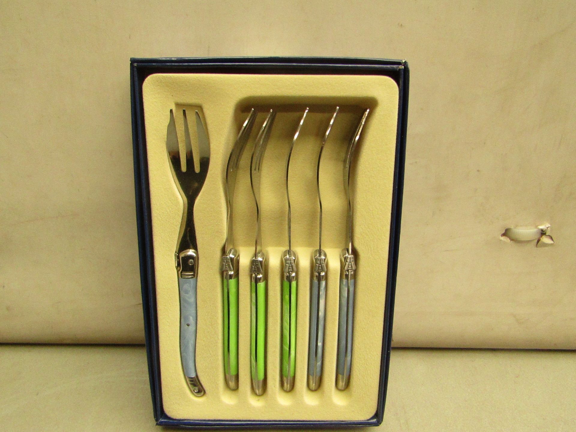 5x Laguiole - Cake Forks (6 Forks Per Box) Blue & Green - Unused & Boxed.