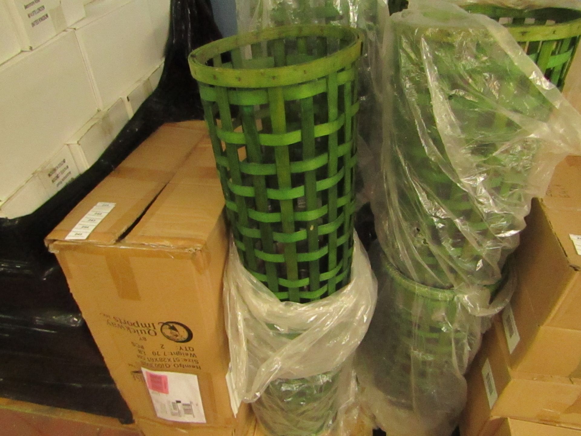 2x Green Wooden Mesh Umbrella Stands - Unused & Packaged.
