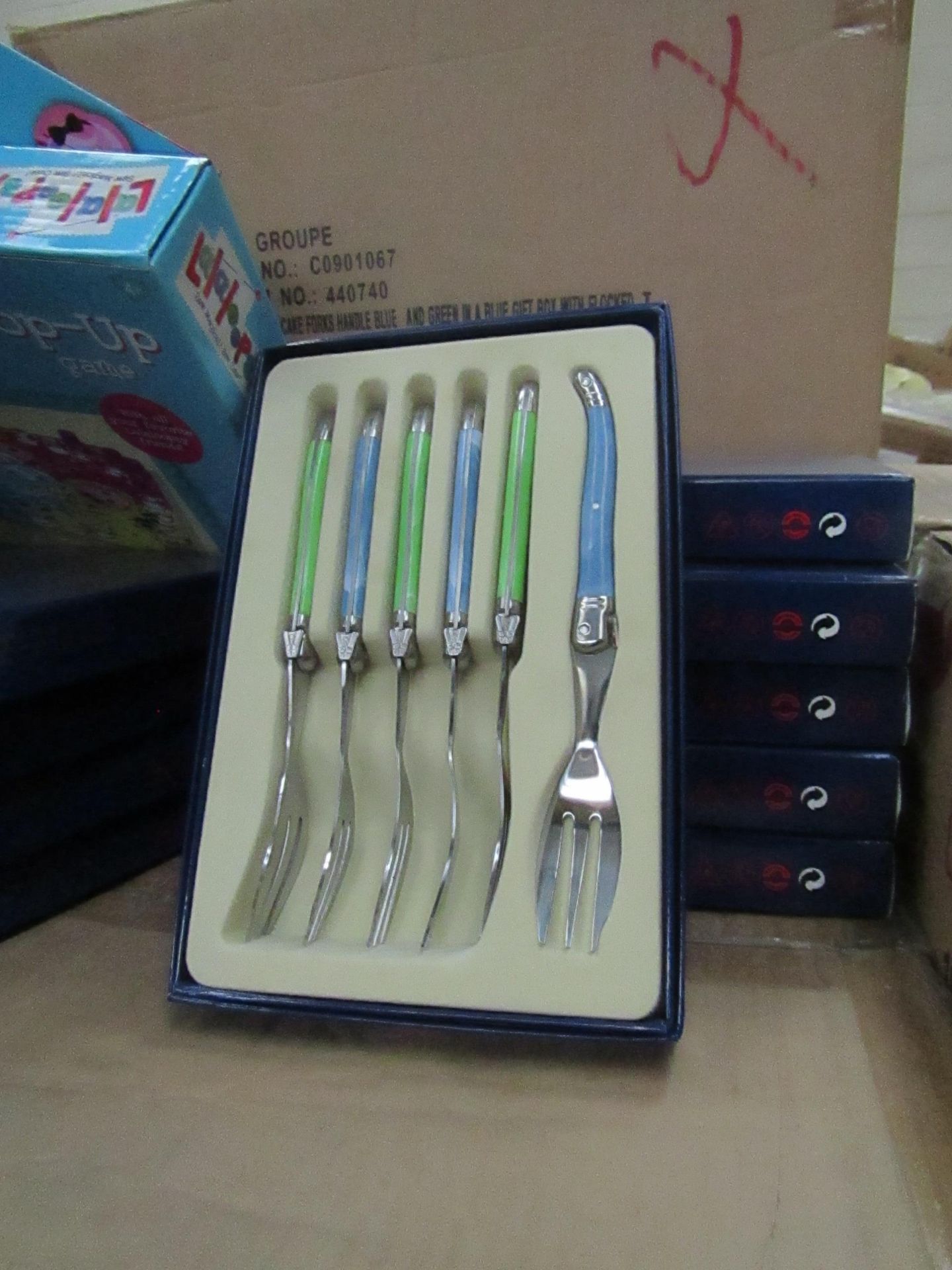 6x Laguiole - Cake Forks (6 Forks Per Box) Blue & Green - Unused & Boxed.