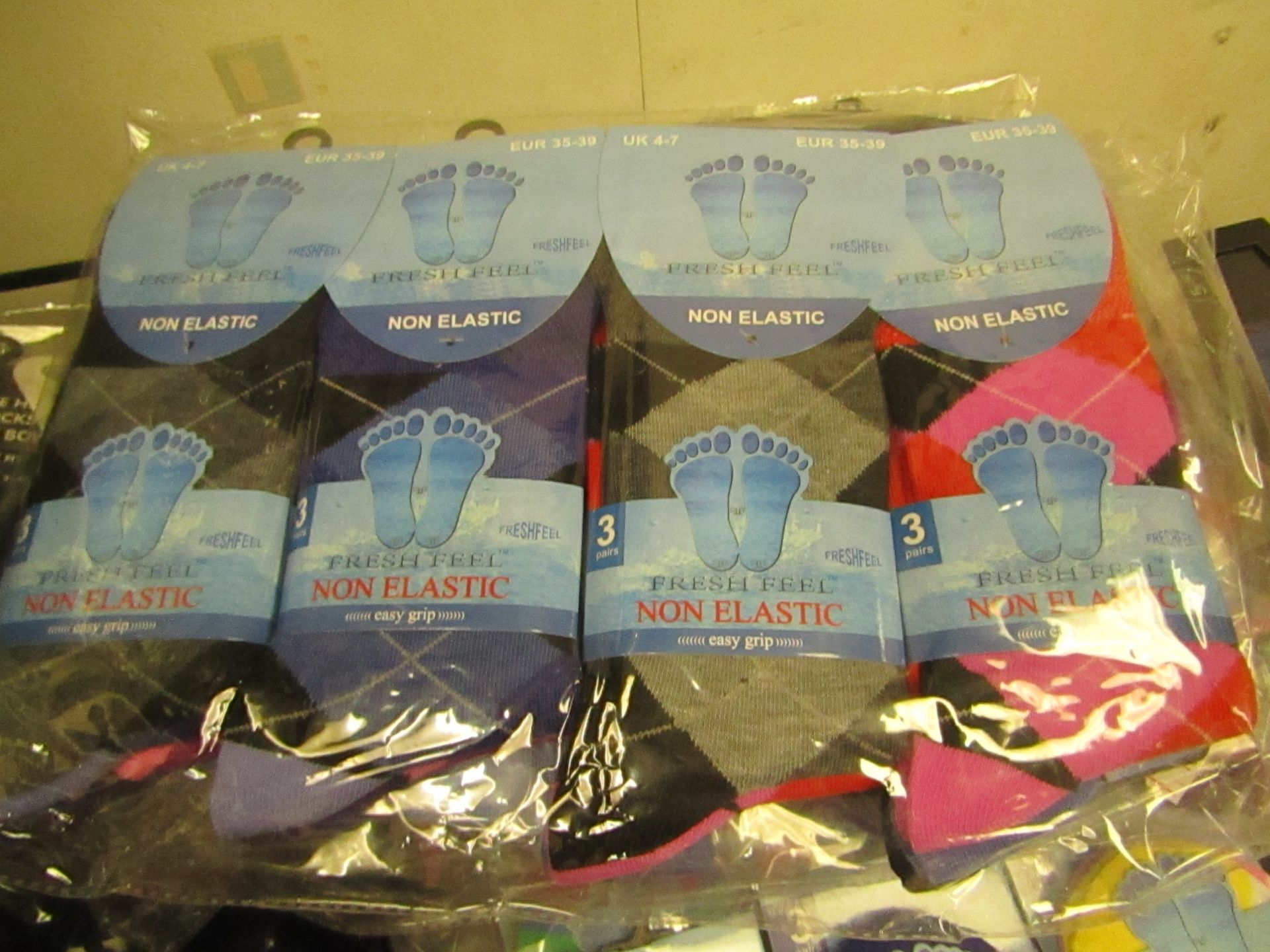 12 X Pairs of Fresh Feel Ladies Non Elastic Socks size 4-7 New & Packaged see iomage for design