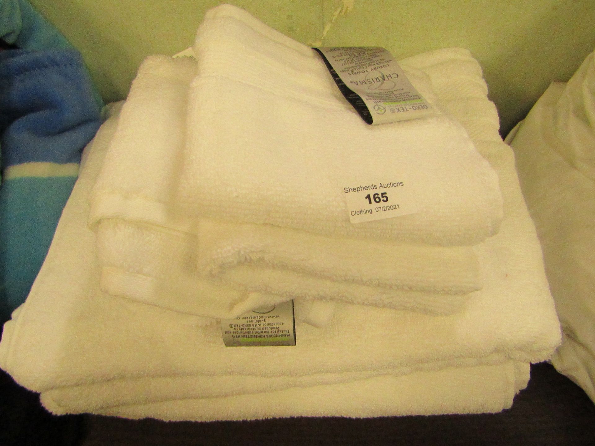 7 X Items Being 2 X Oeko-Tex Bath Towels & 5 Charisma Face Cloths All Look Unused ( No Packaging )