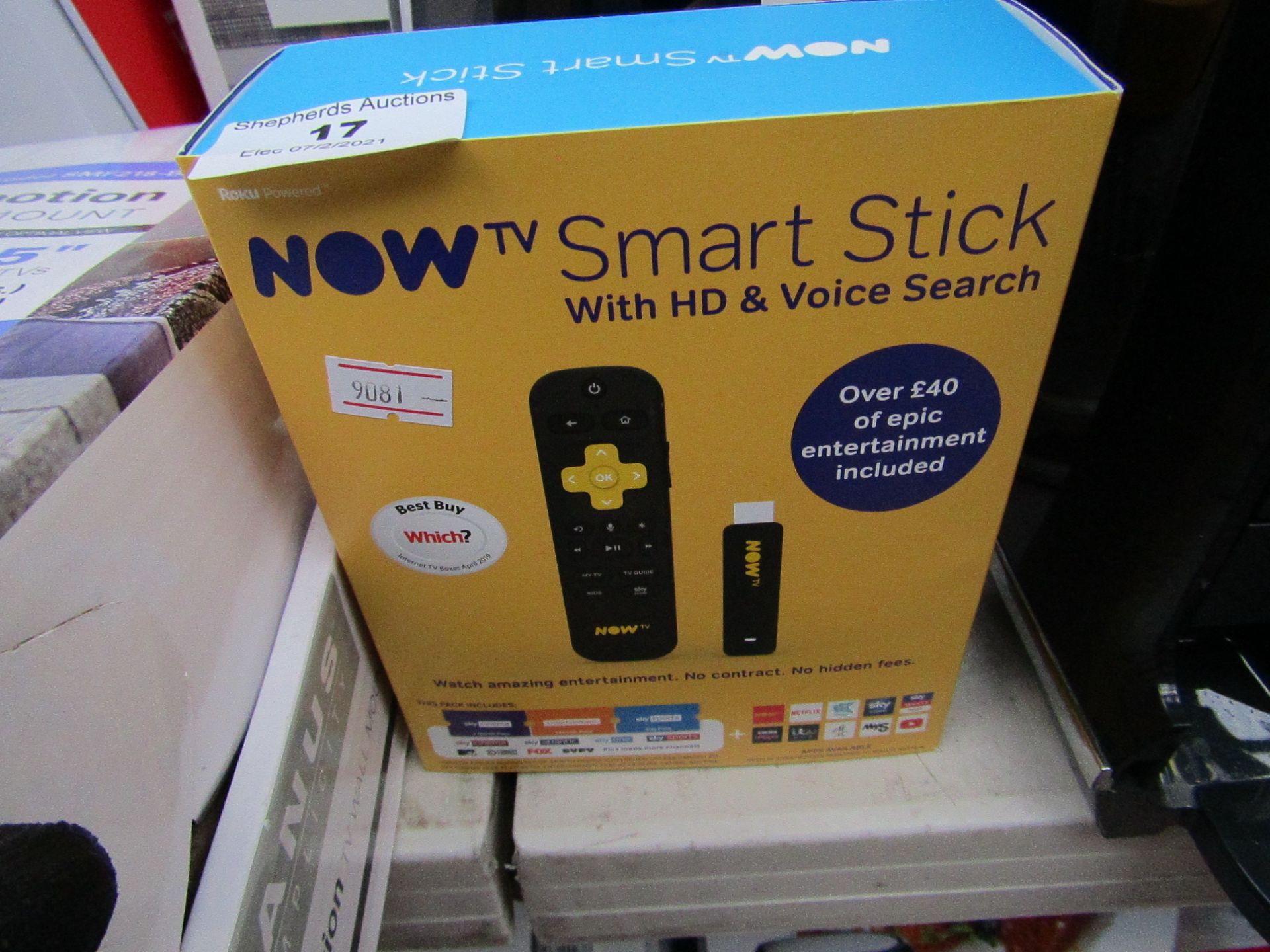 Now TV Smart Stick with HD and voice search, unchecked and boxed.